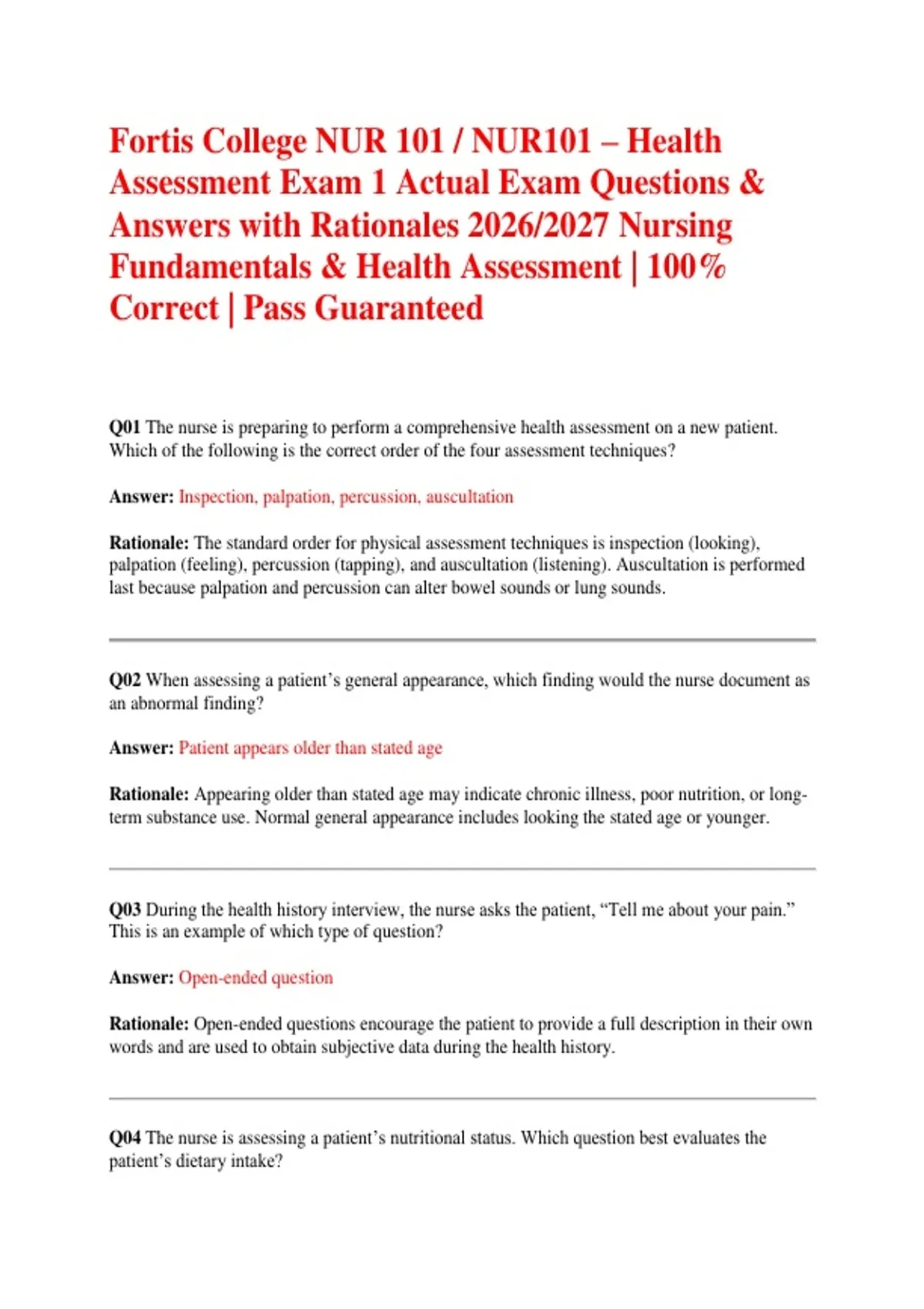 Fortis College NUR 101 / NUR101 – Health Assessment Exam 1 Actual Exam ...