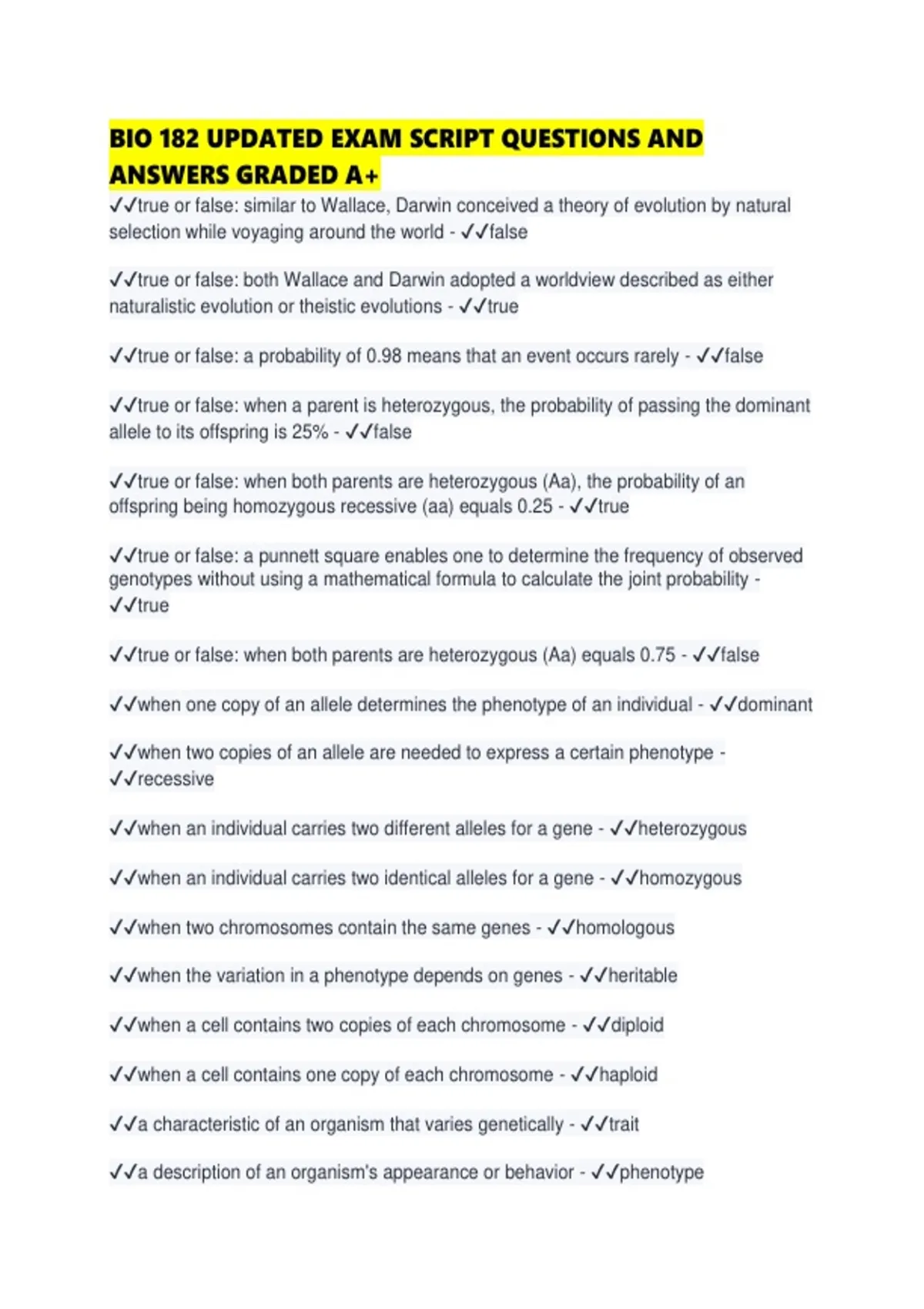 BIO 182 UPDATED EXAM SCRIPT QUESTIONS AND ANSWERS GRADED A.pdf - BIO ...
