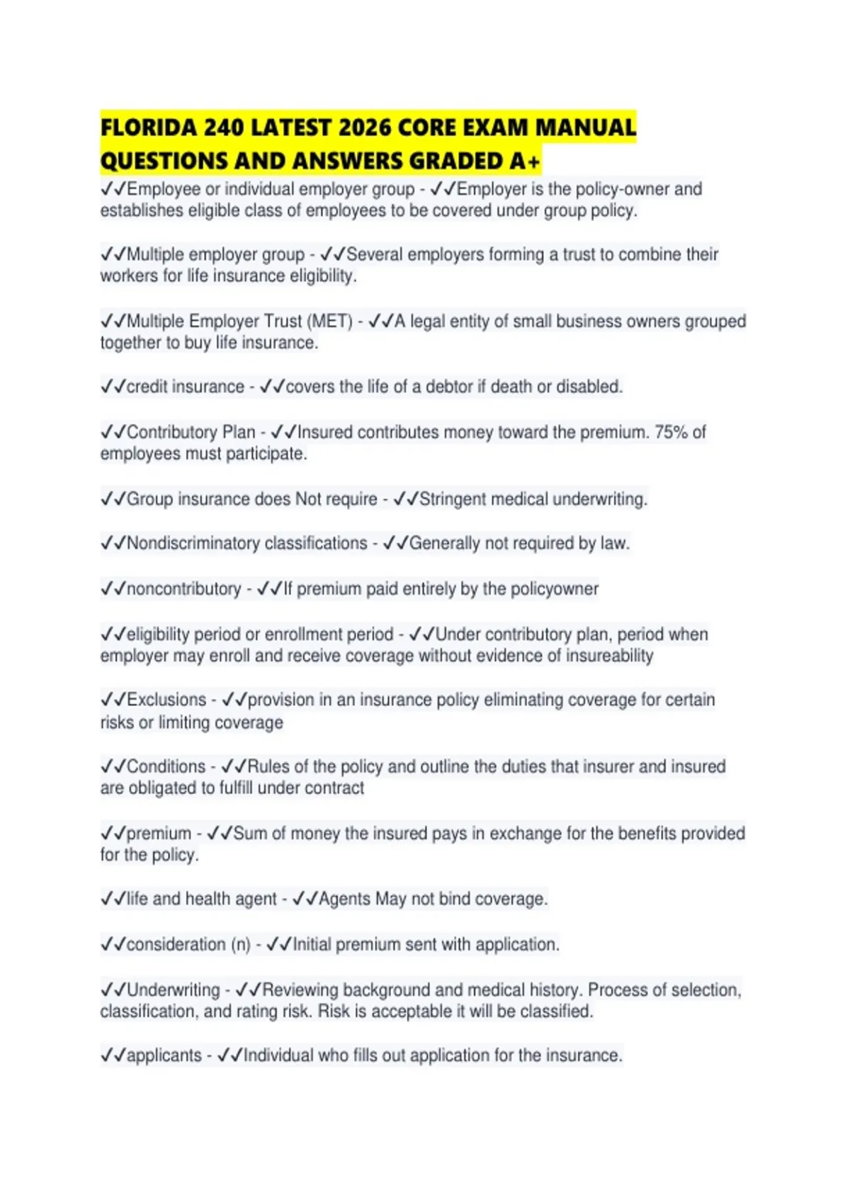 FLORIDA 240 LATEST 2026 CORE EXAM MANUAL QUESTIONS AND ANSWERS GRADED ...