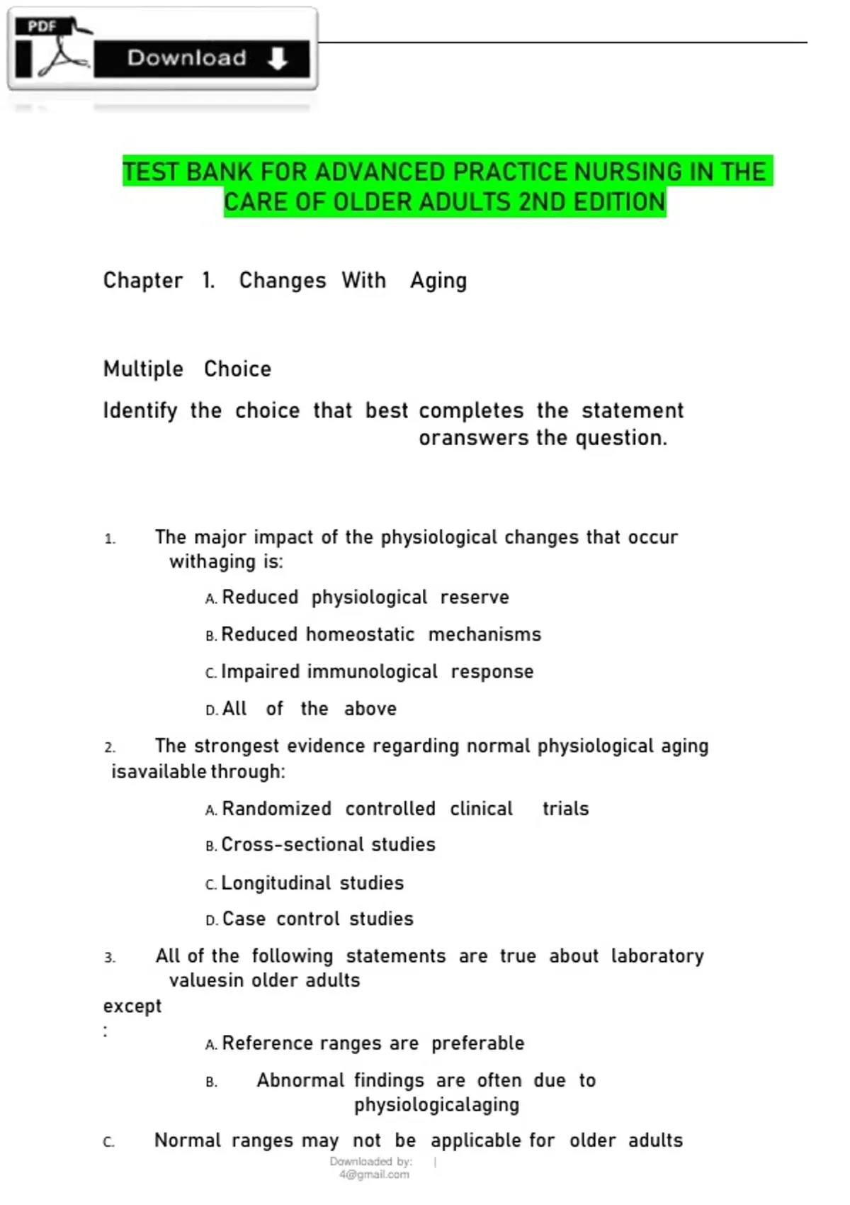 ADVANCED PRACTICE NURSING IN THE CARE OF OLDER ADULTS 2nd Ed. TEST BANK ...