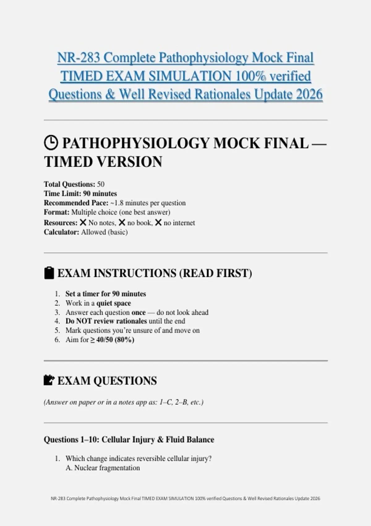 NR-283 Complete Pathophysiology Mock Final TIMED EXAM SIMULATION 100% ...