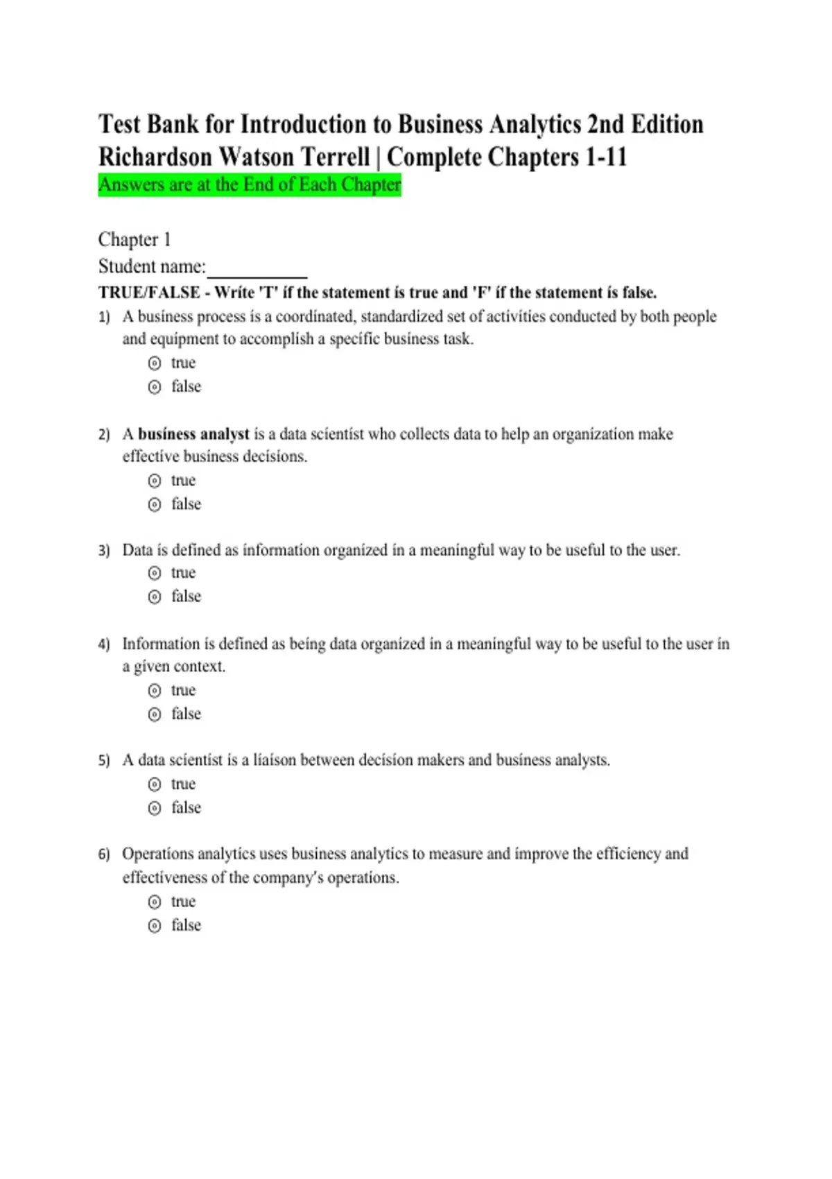 Introduction to Business Analytics 2nd Edition Richardson Watson ...