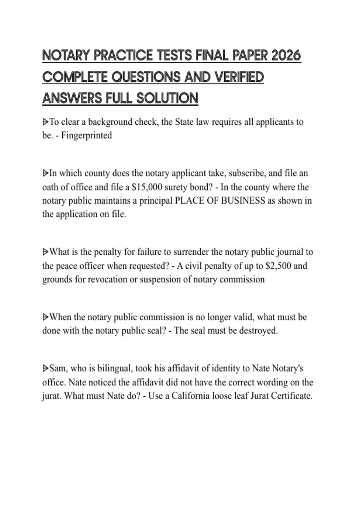 NOTARY PRACTICE TESTS FINAL PAPER 2026 COMPLETE QUESTIONS AND VERIFIED ...