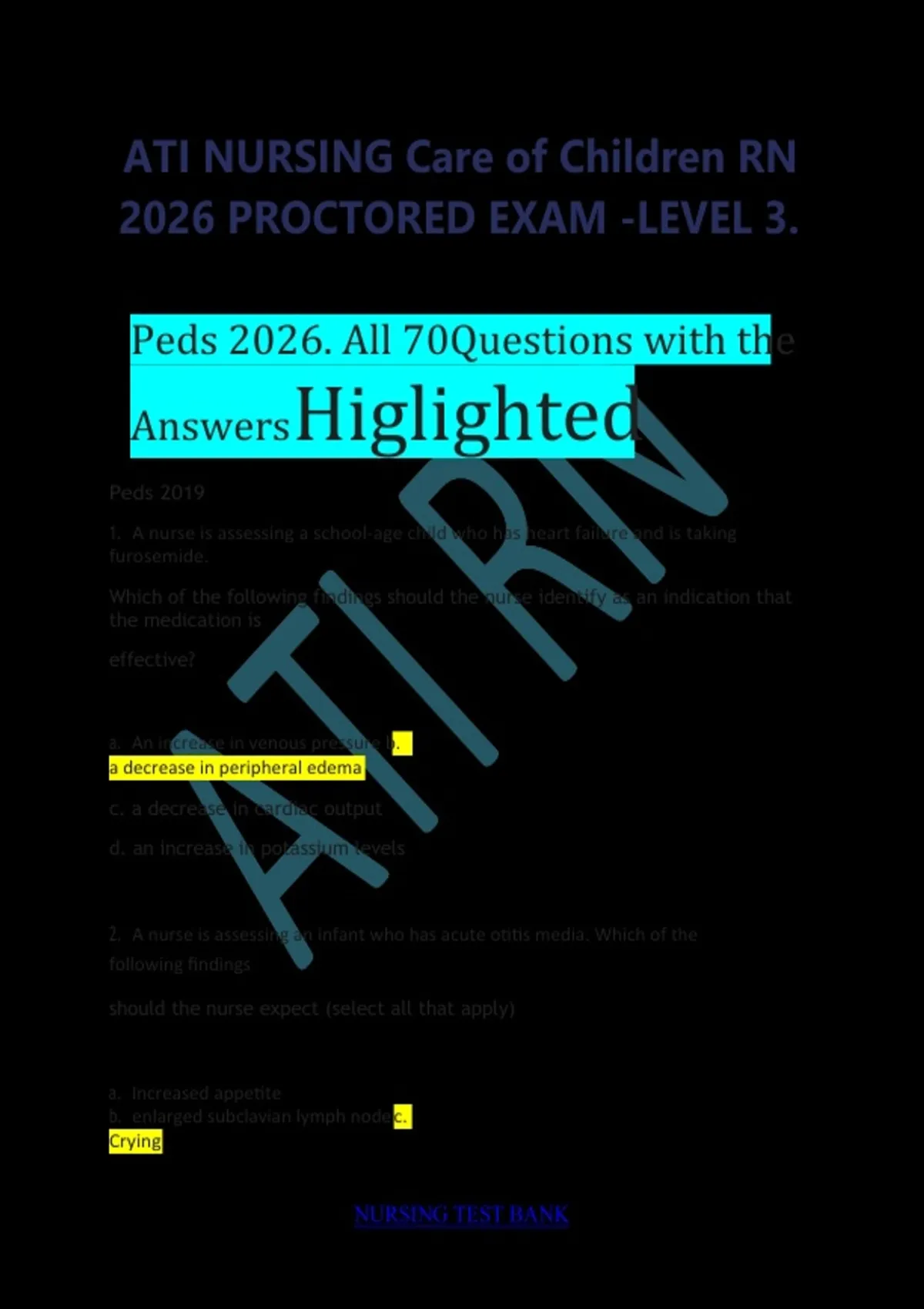 ATI NURSING Care of Children RN 2026 PROCTORED EXAM -LEVEL 3. Peds 2026 ...