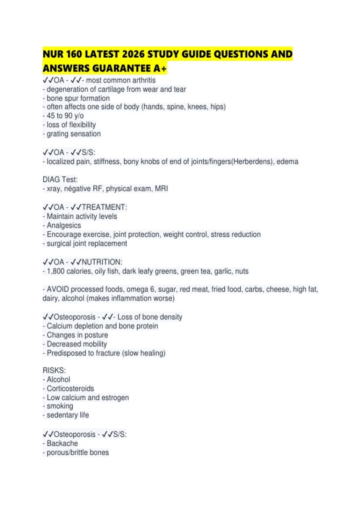 NUR 160 LATEST 2026 STUDY GUIDE QUESTIONS AND ANSWERS GUARANTEE A+ ...
