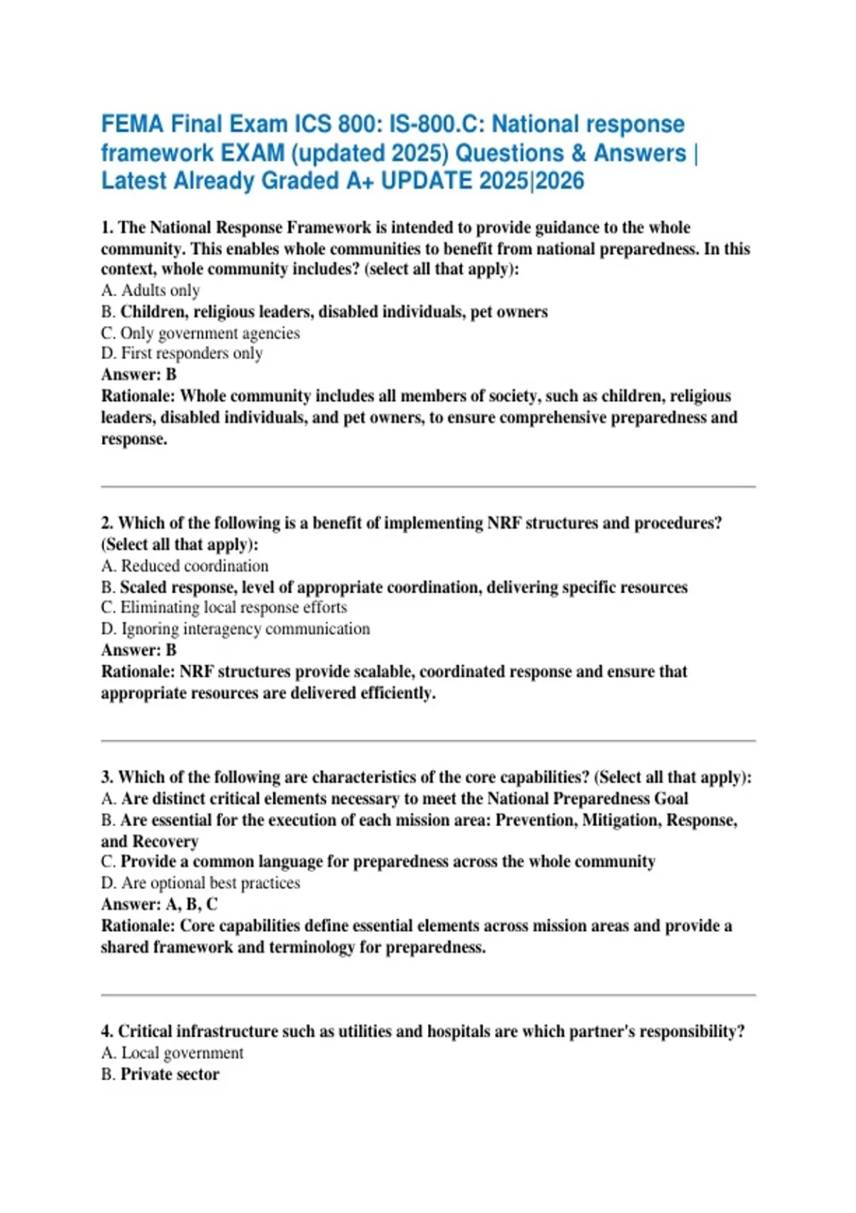 FEMA Final Exam ICS 800: IS-800.C: National response framework EXAM ...
