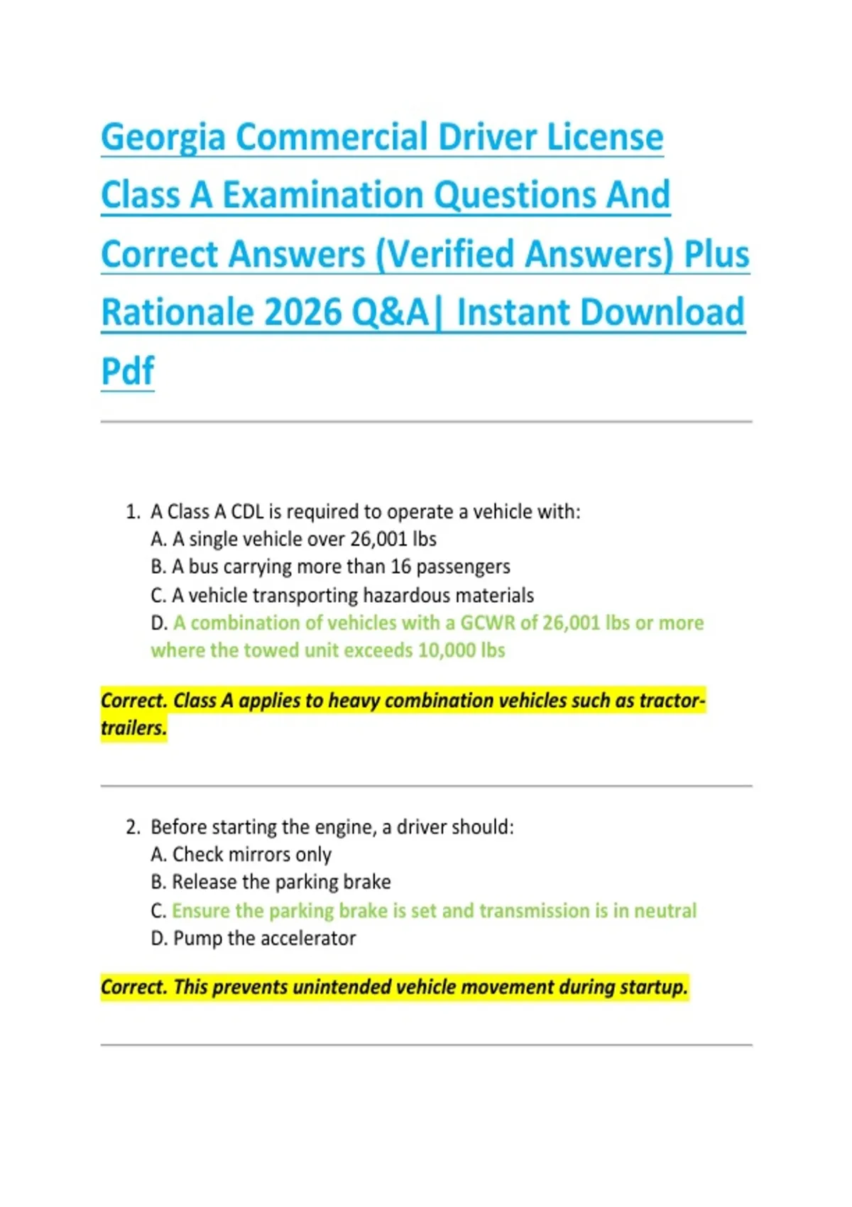 Georgia Commercial Driver License Class A Examination Questions And ...