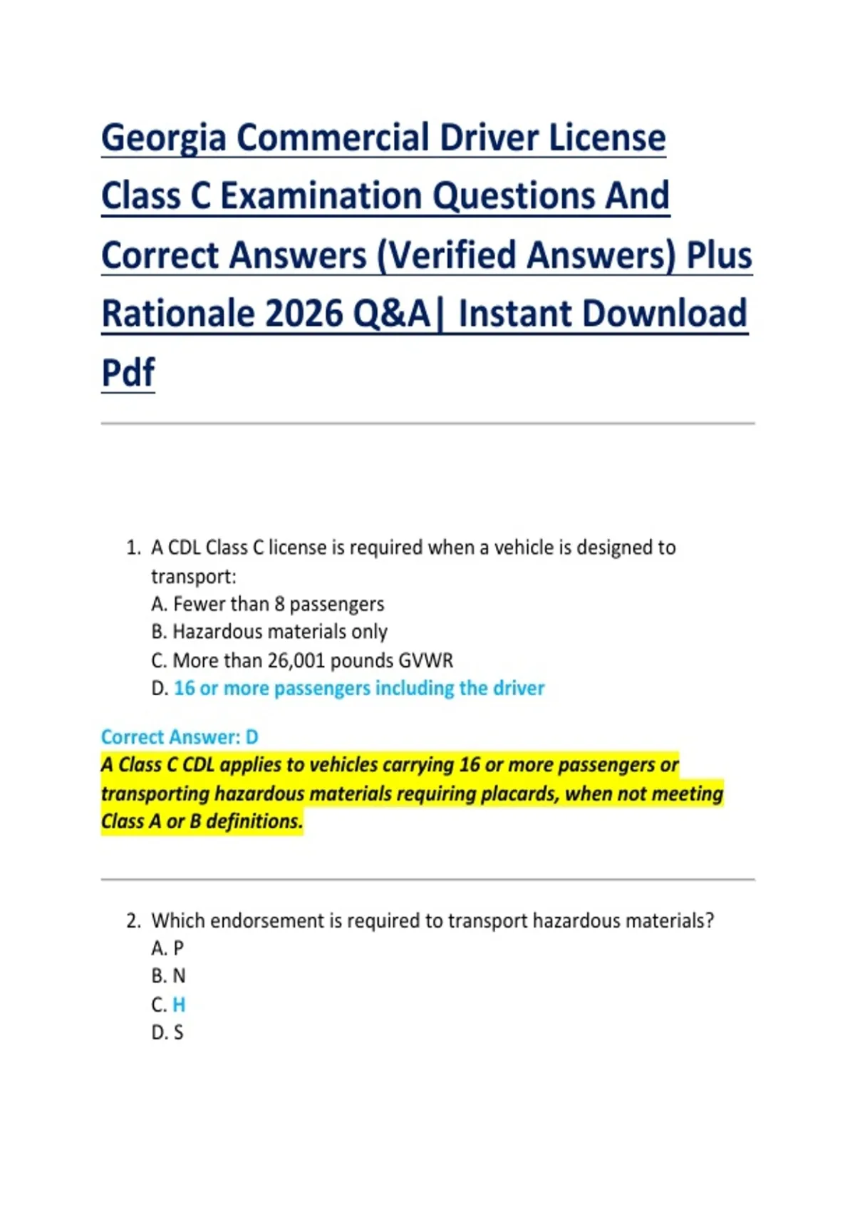 Georgia Commercial Driver License Class C Examination Questions And ...