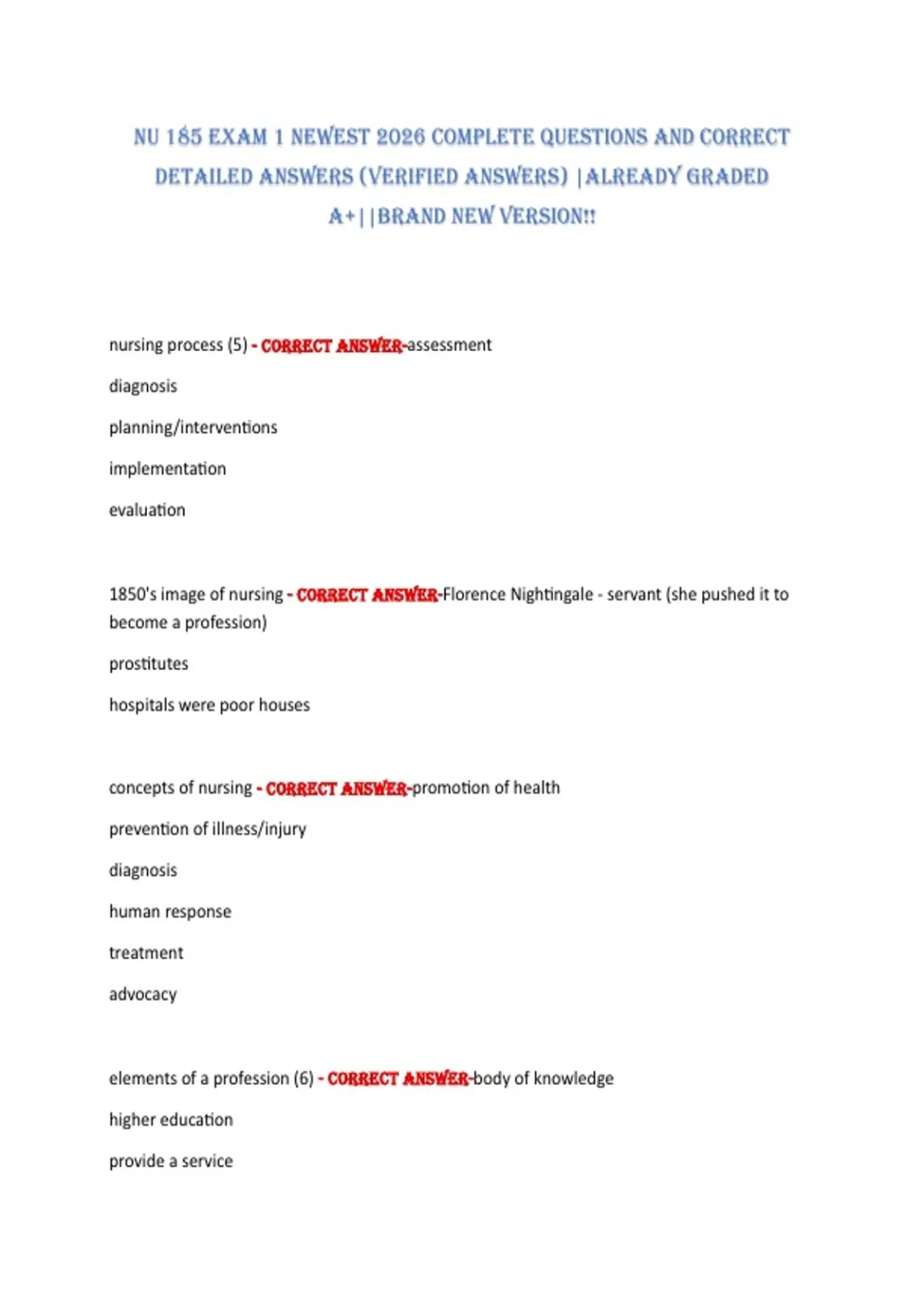 NU 185 exam 1 NeWeST 2026 COmPLeTe QUeSTIONS aND CORReCT DeTaILeD ...