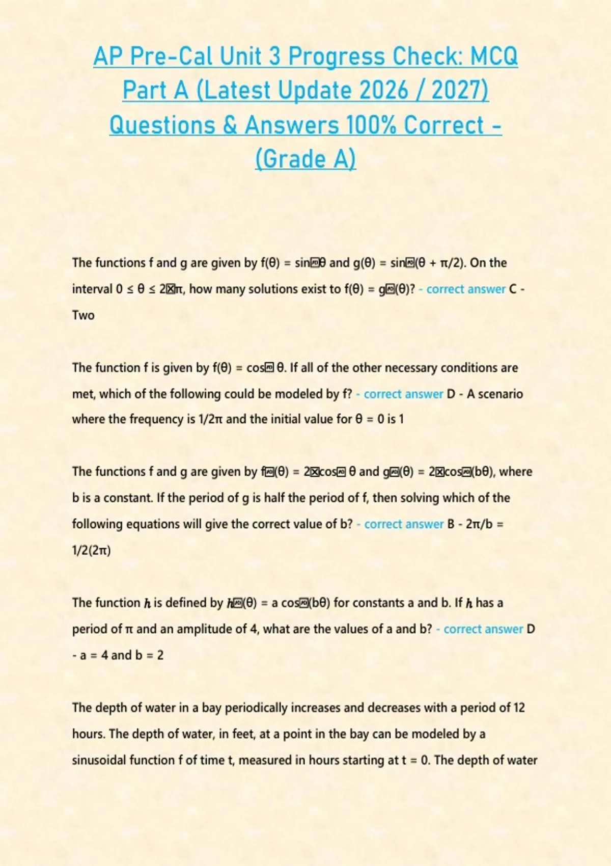 AP Pre-Cal Unit 3 Progress Check: MCQ Part A (Latest Update 2026 / 2027 ...