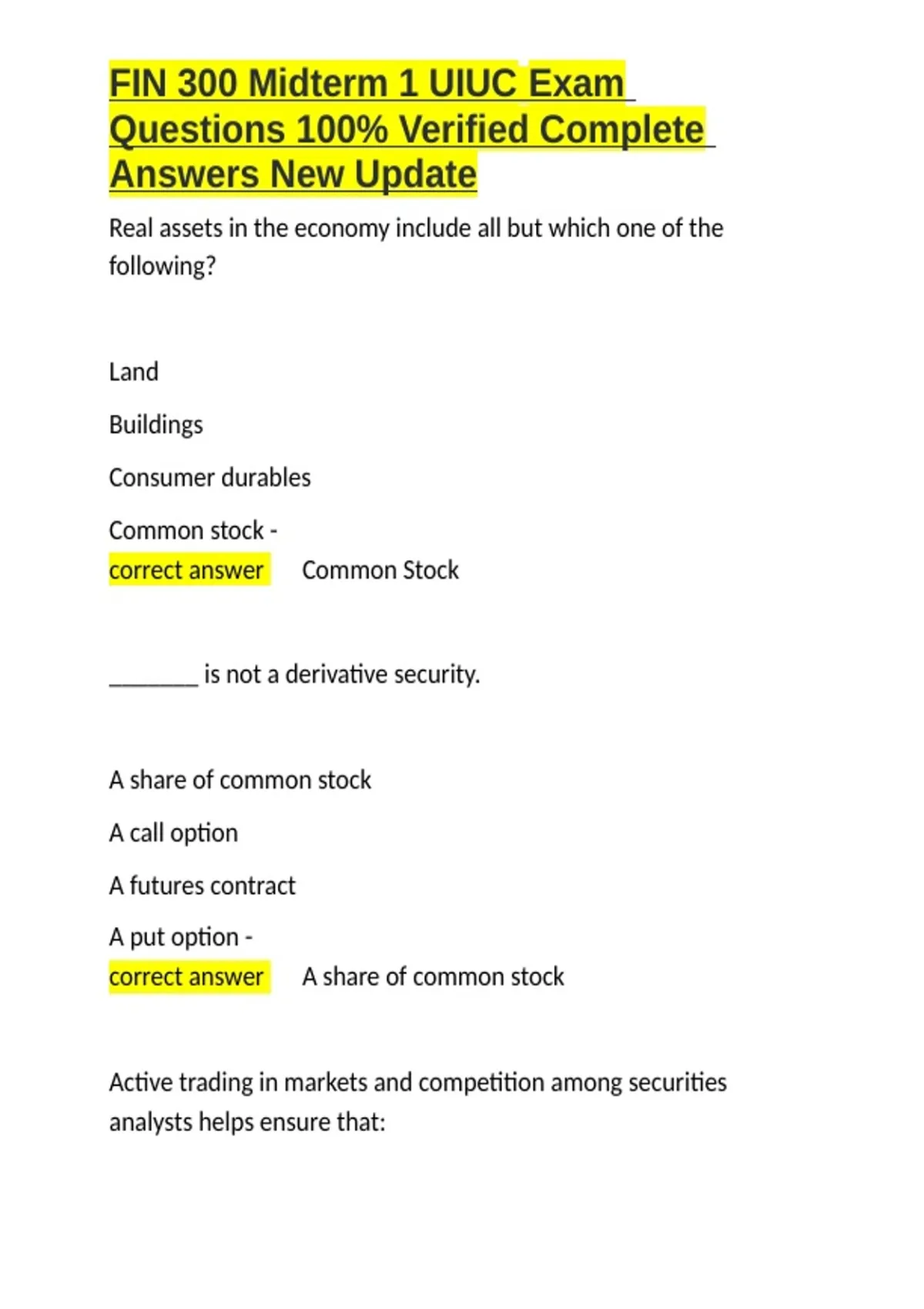 FIN 300 Midterm 1 UIUC Exam Questions 100- Verified Complete Answers ...