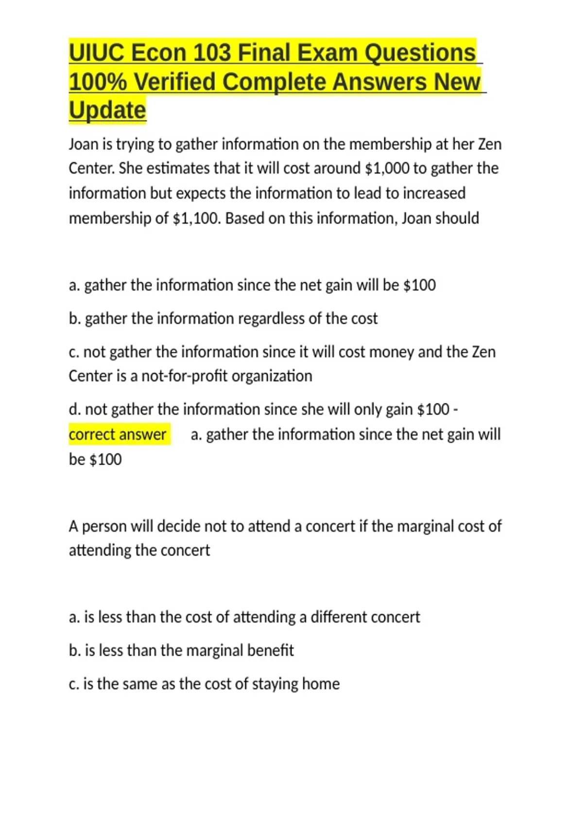 UIUC Econ 103 Final Exam Questions 100- Verified Complete Answers New ...