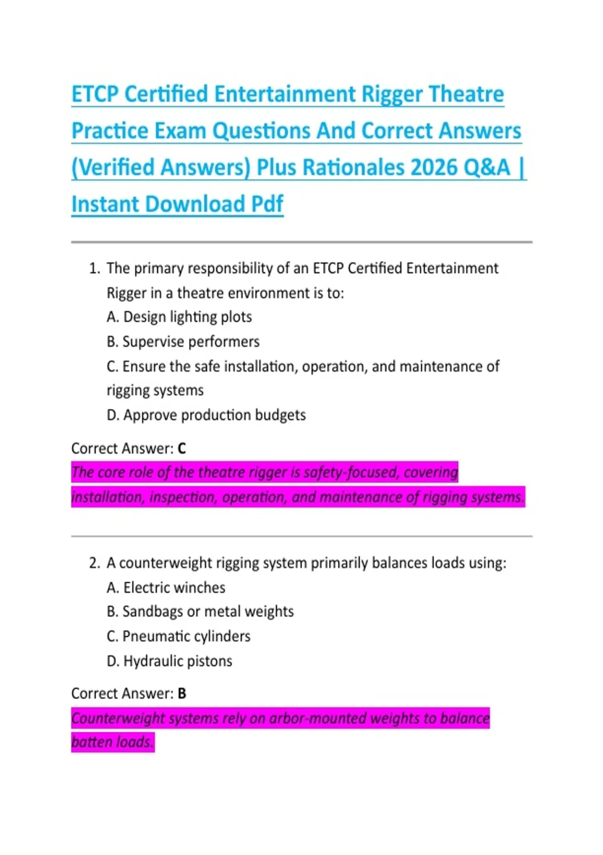 ETCP Certified Entertainment Rigger Theatre Practice Exam Questions And ...