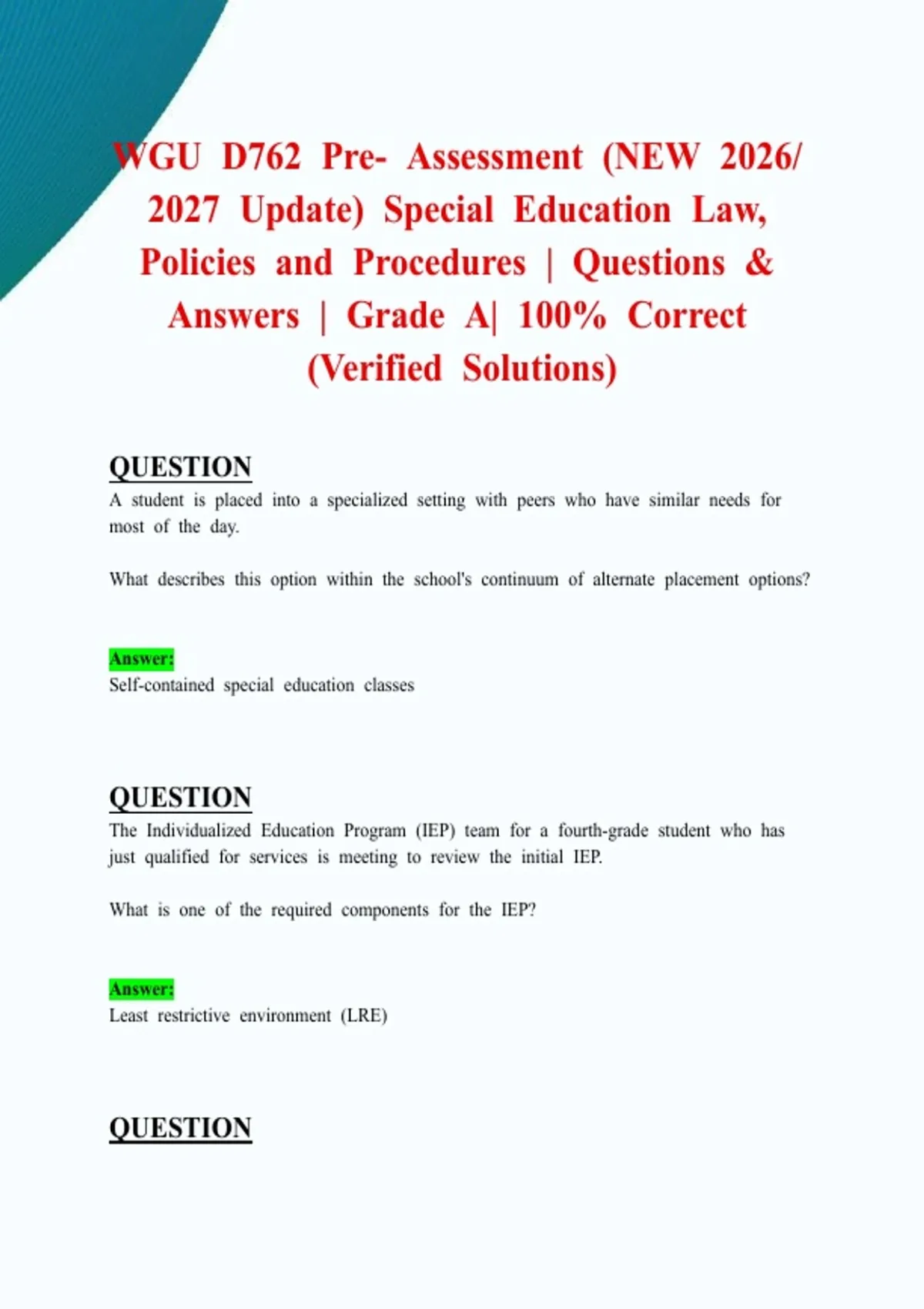 WGU D762 Pre- Assessment (NEW 2026/ 2027 Update) Special Education Law ...
