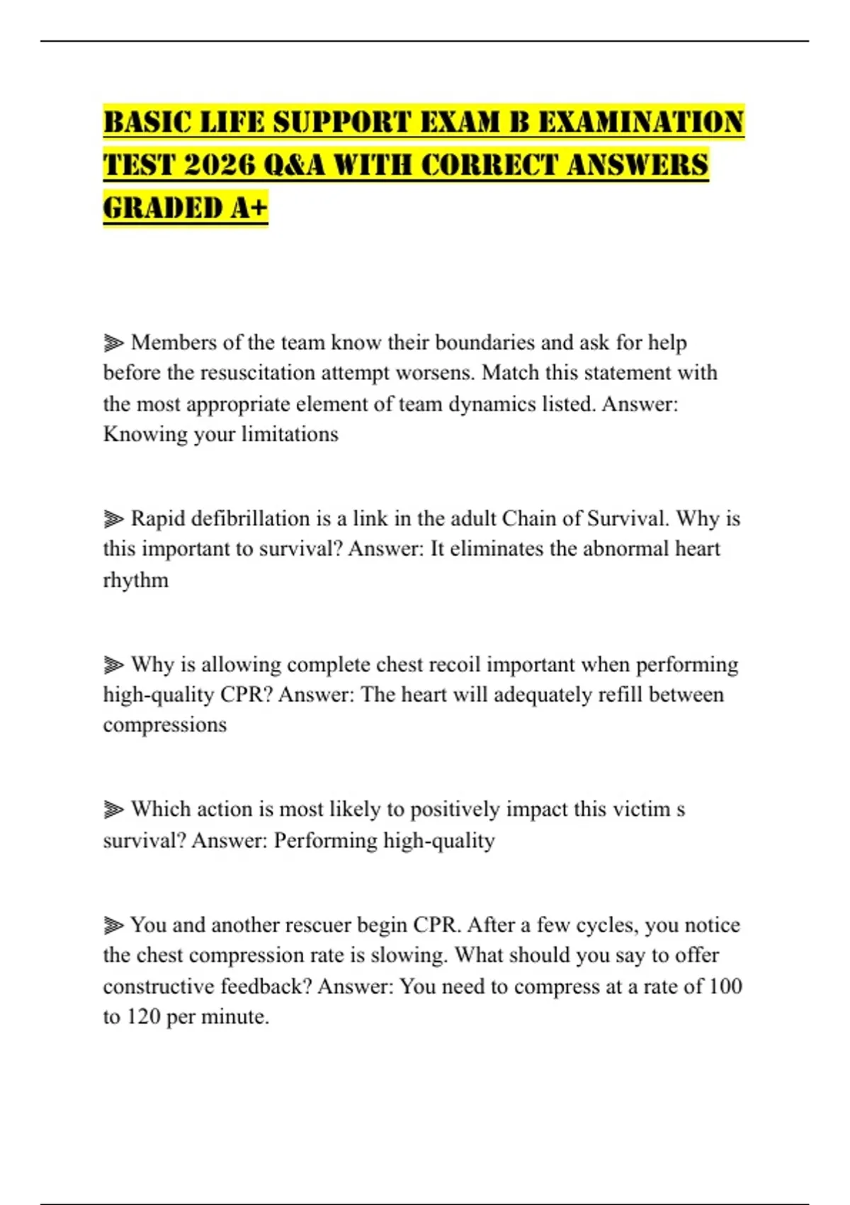 BASIC LIFE SUPPORT EXAM B EXAMINATION TEST 2026 Q&A WITH CORRECT ...