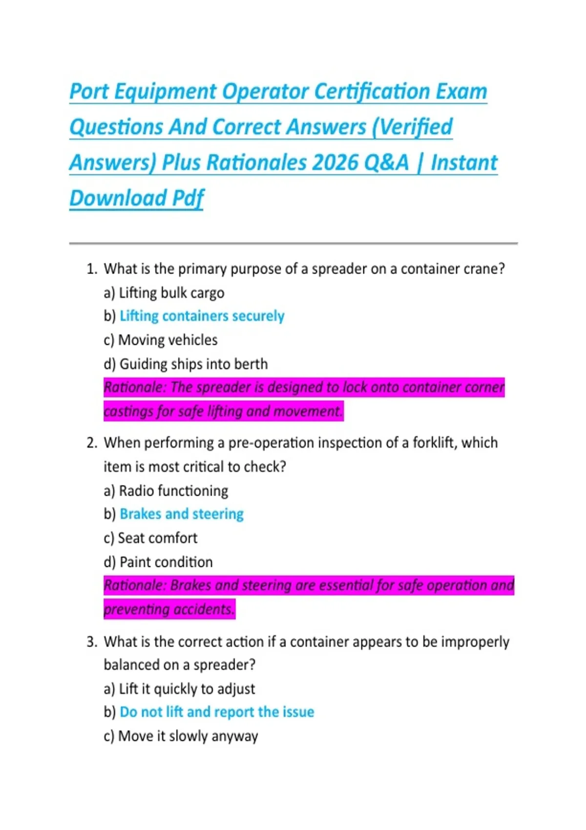 Port Equipment Operator Certification Exam Questions And Correct ...