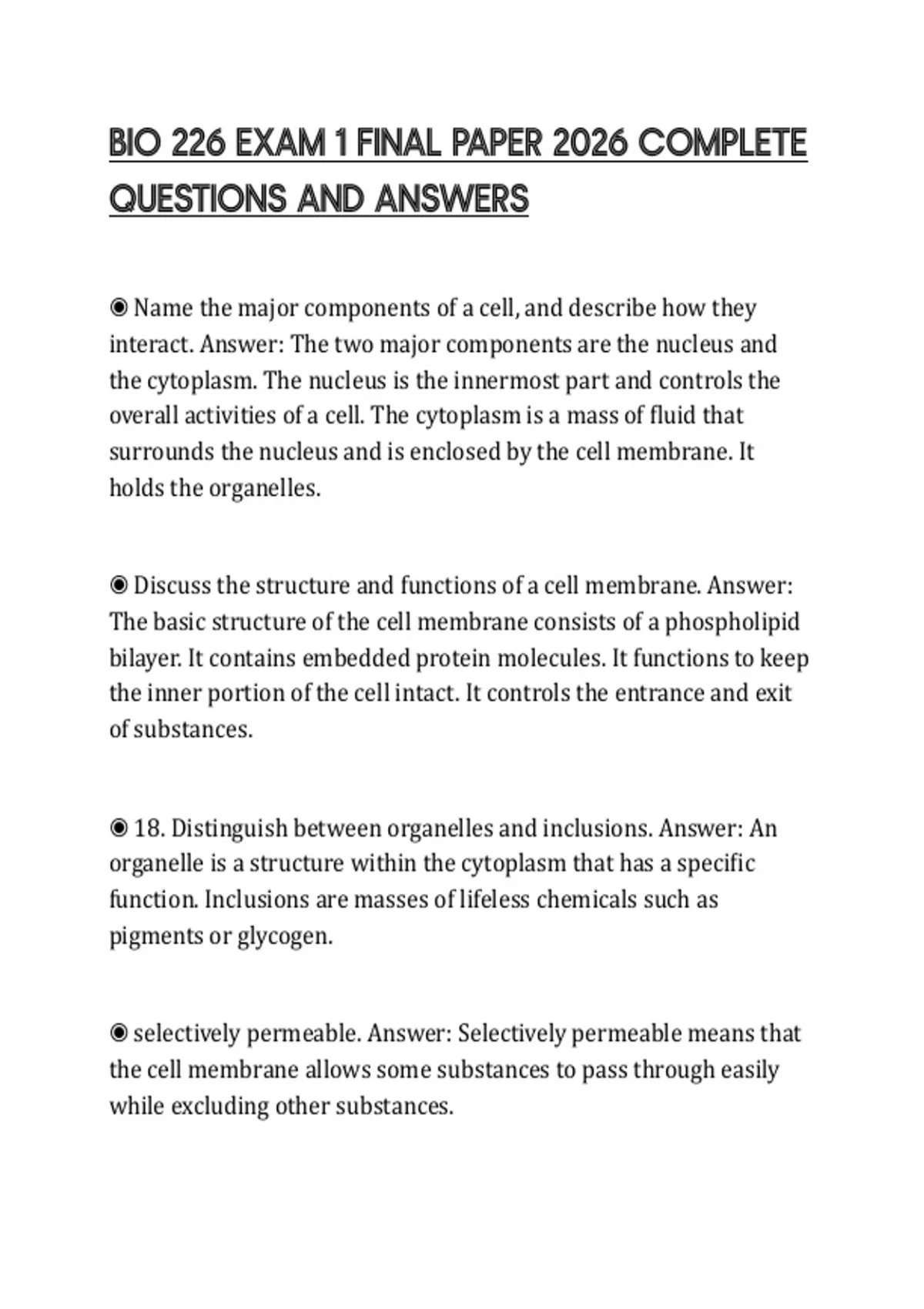 BIO 226 EXAM 1 FINAL PAPER 2026 COMPLETE QUESTIONS AND ANSWERS - BIO ...