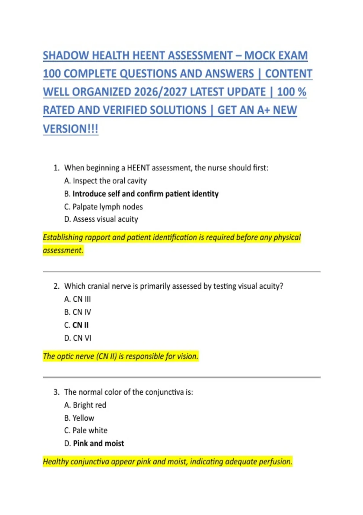SHADOW HEALTH HEENT ASSESSMENT – MOCK EXAM 100 COMPLETE QUESTIONS AND ANSWERS | CONTENT WELL ...