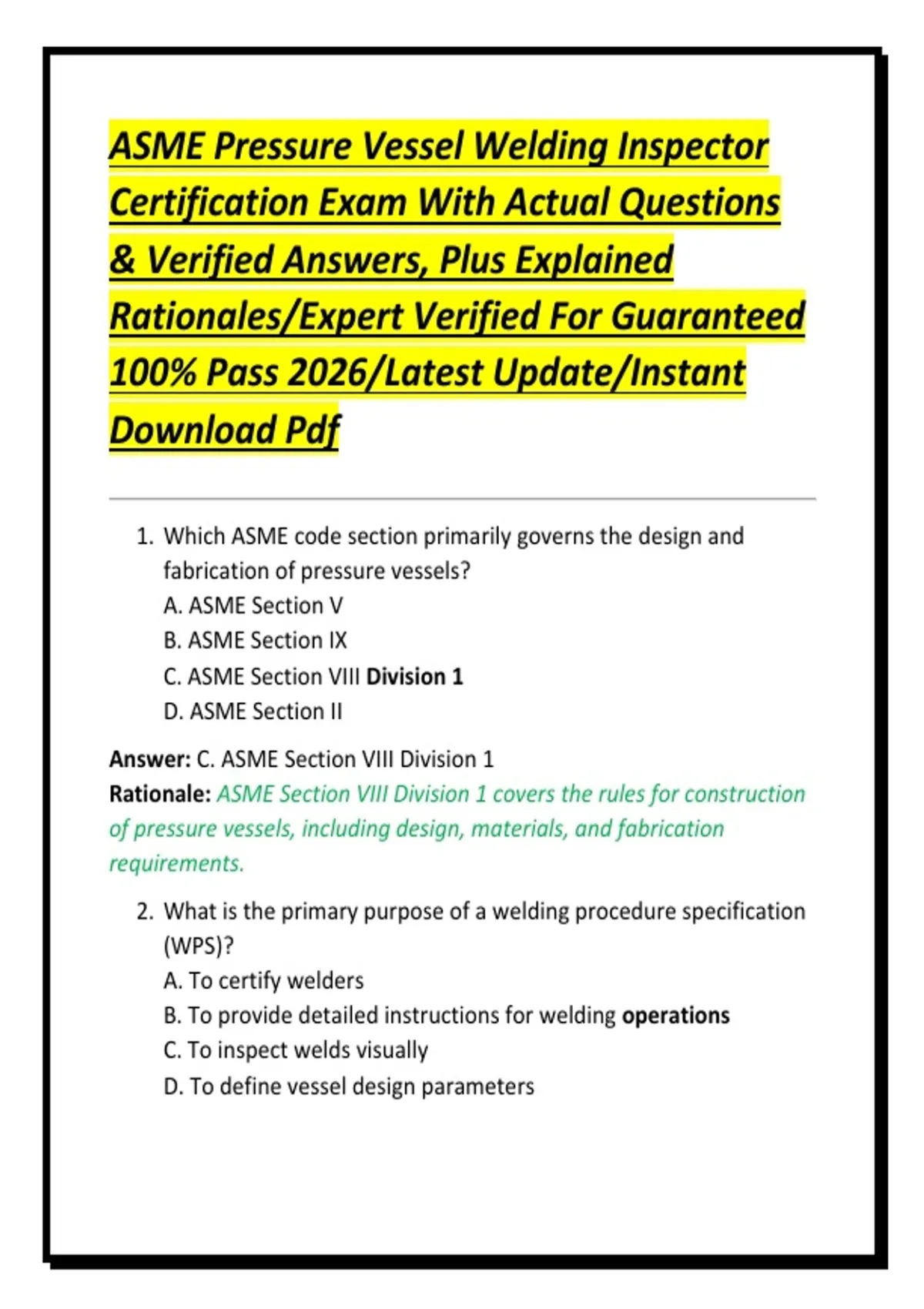 ASME Pressure Vessel Welding Inspector Certification Exam With Actual ...