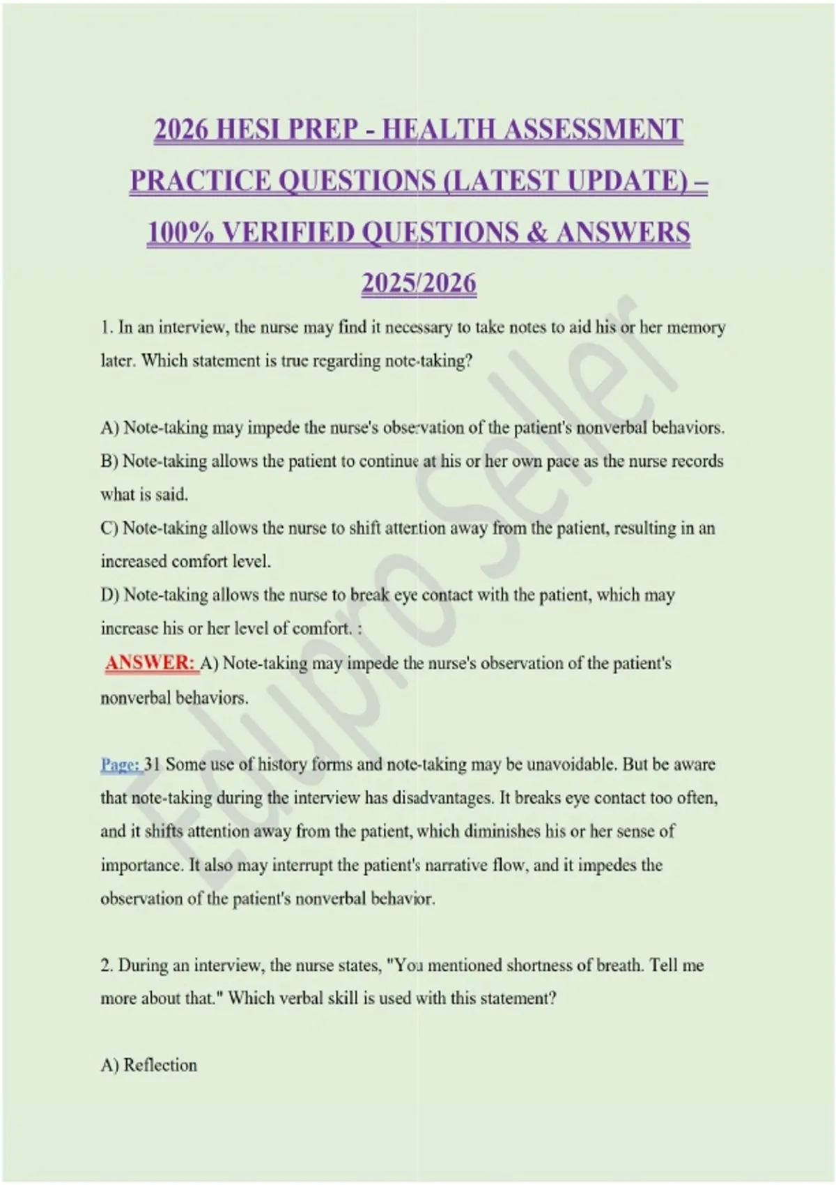 2026 HESI PREP - HEALTH ASSESSMENT PRACTICE QUESTIONS (LATEST UPDATE ...