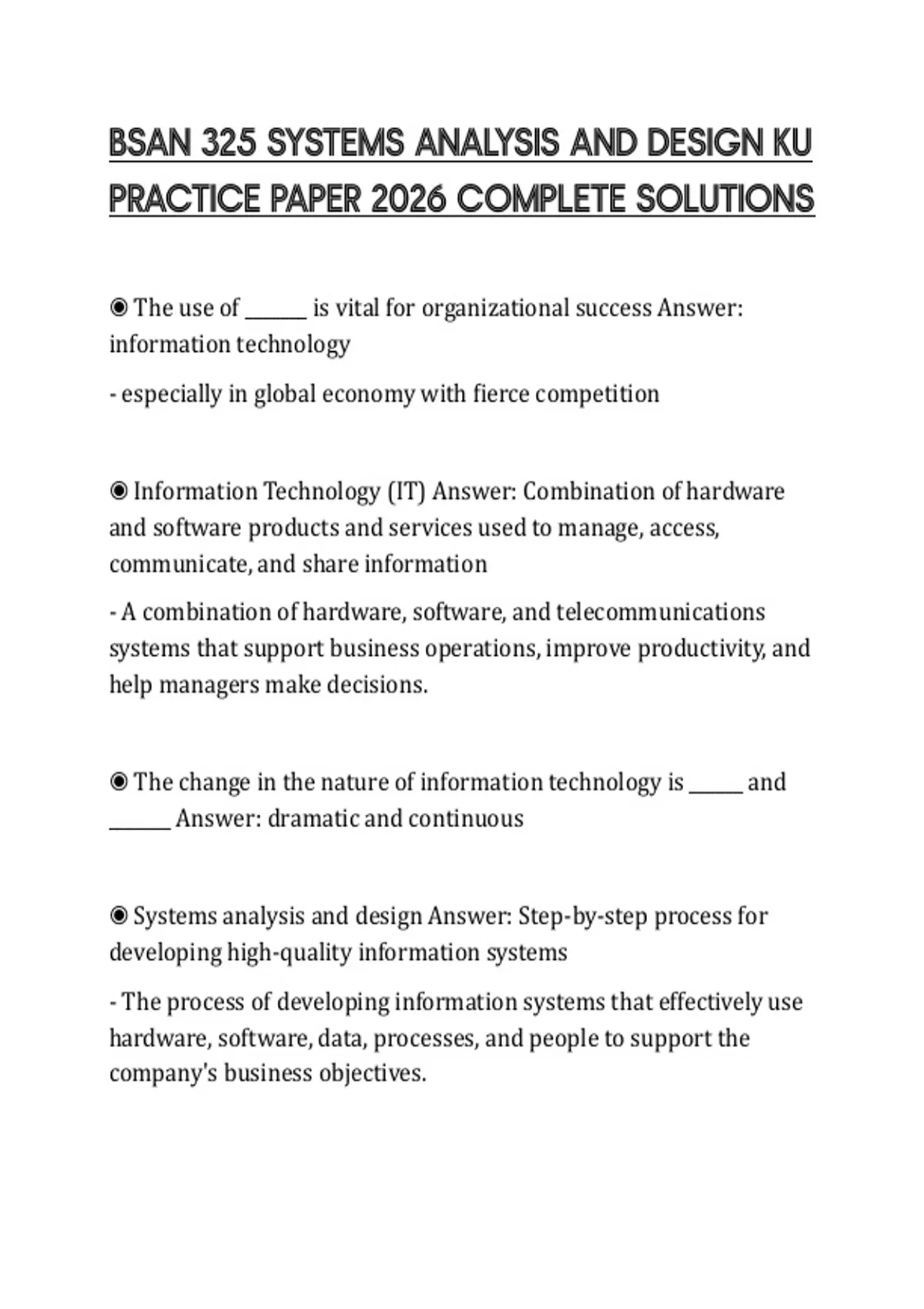 BSAN 325 SYSTEMS ANALYSIS AND DESIGN KU PRACTICE PAPER 2026 COMPLETE ...