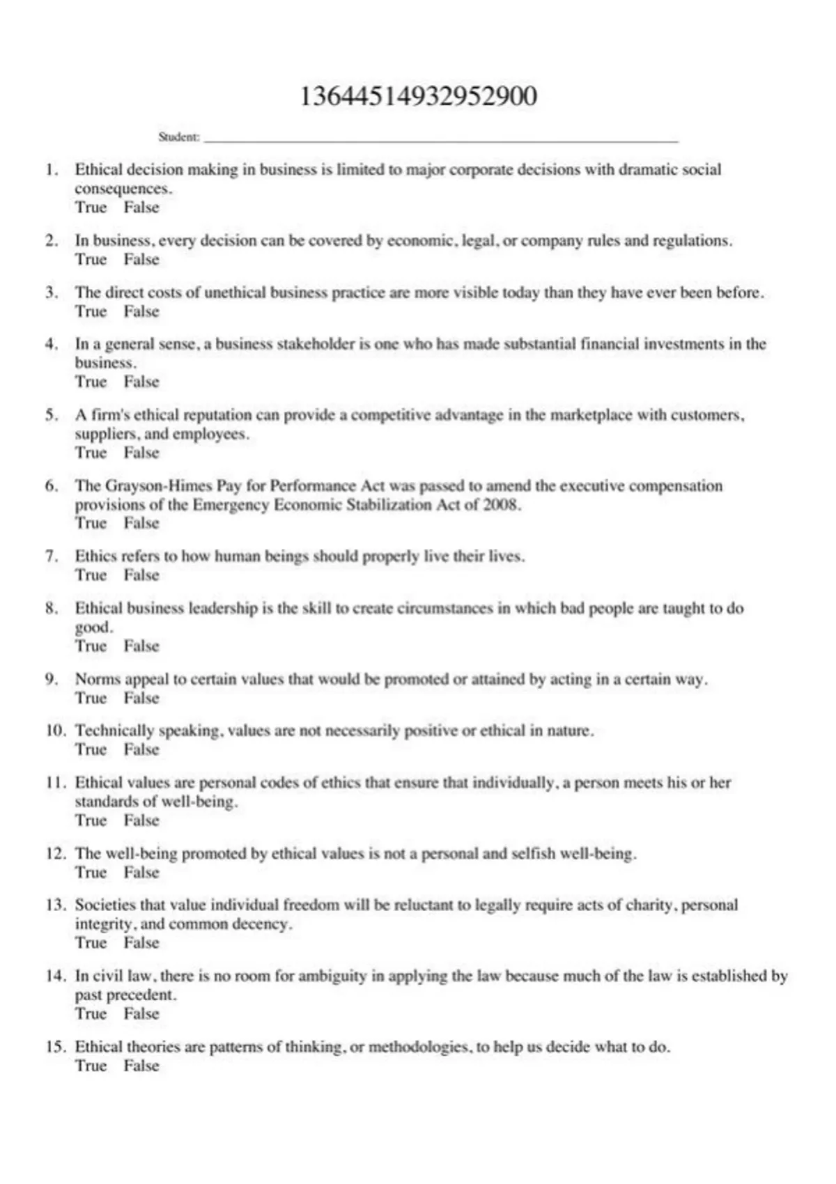 practice test bank questions, final exam : Hartman-Business Ethics ...