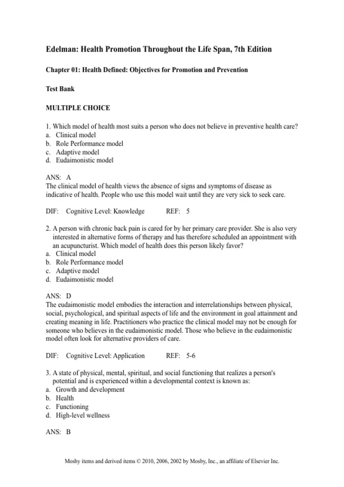 Positive Edelman Test practice test bank questions, final exam : Health promotion throughout ...