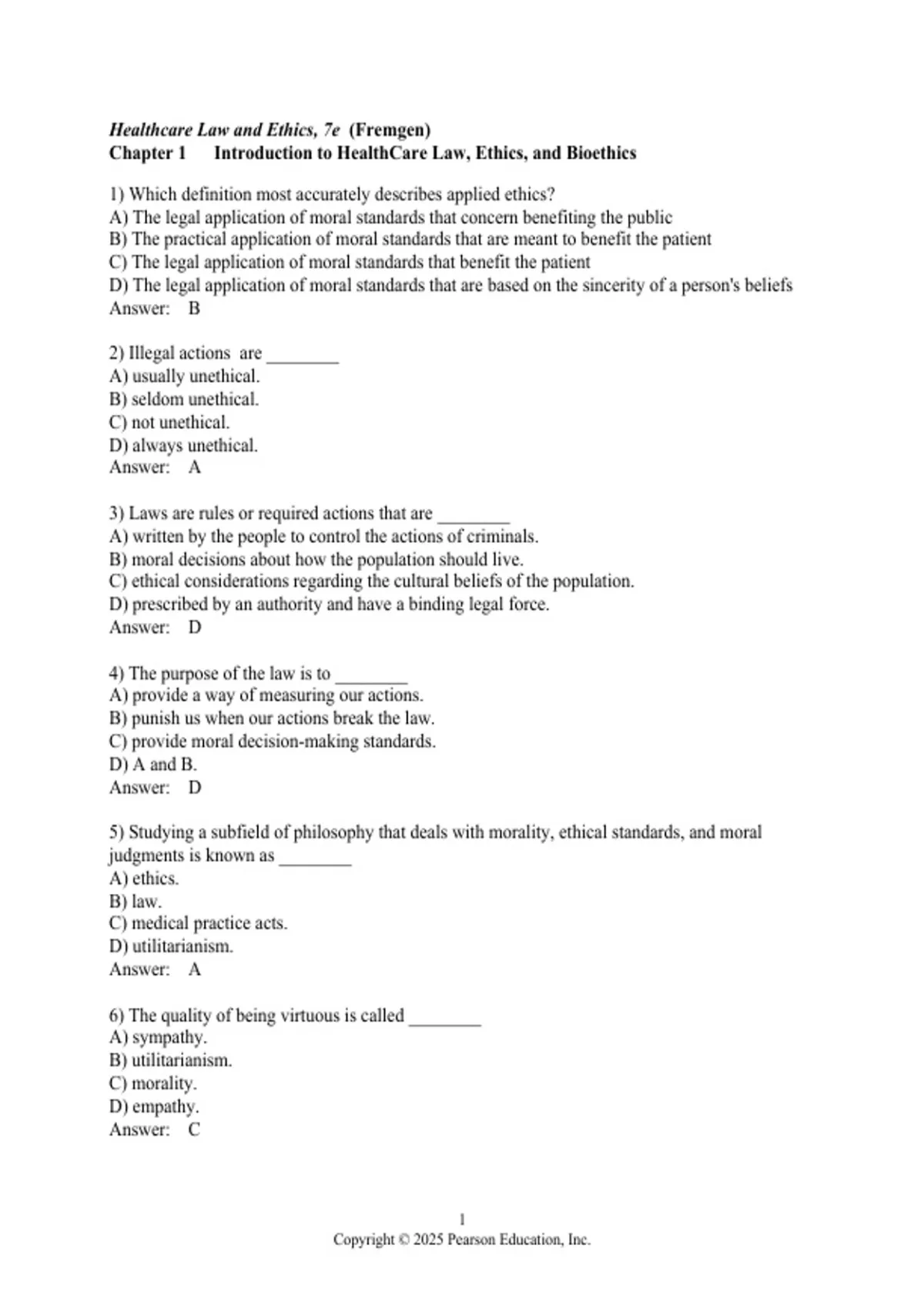 practice test bank questions, final exam : Healthcare Law and Ethics ...