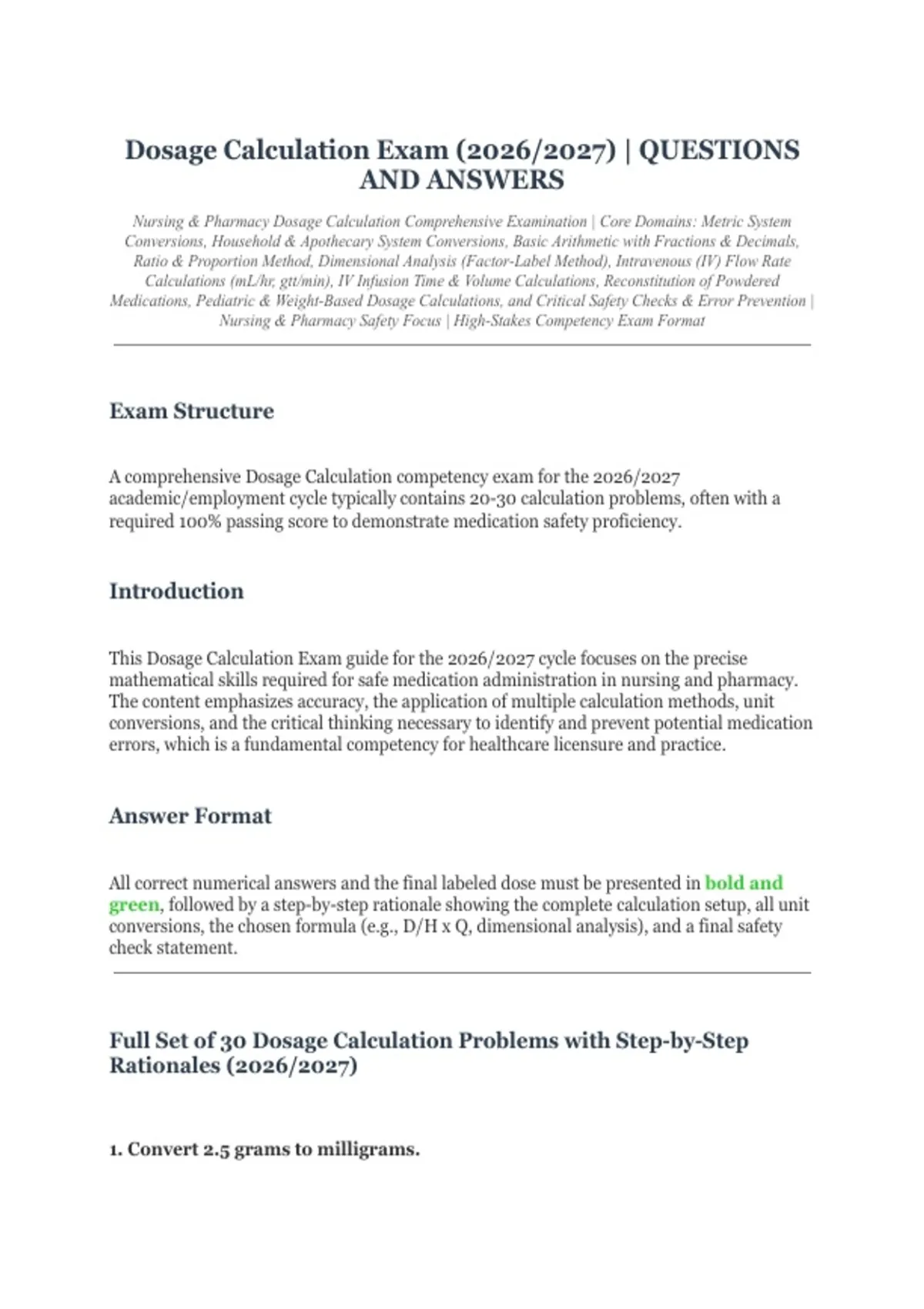 Dosage Calculation Exam (2026/2027) – Nursing & Pharmacy Comprehensive ...