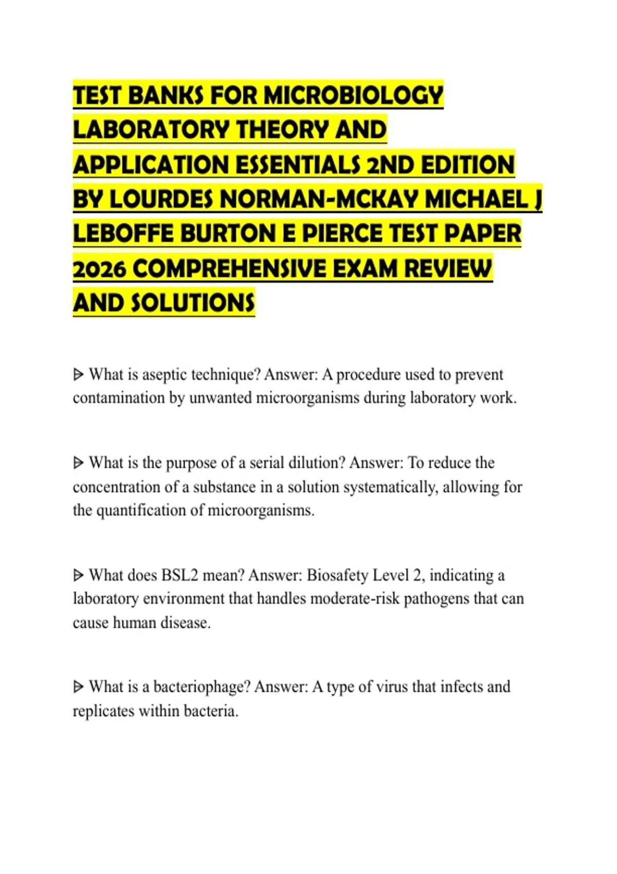 TEST BANKS FOR MICROBIOLOGY LABORATORY THEORY AND APPLICATION ...
