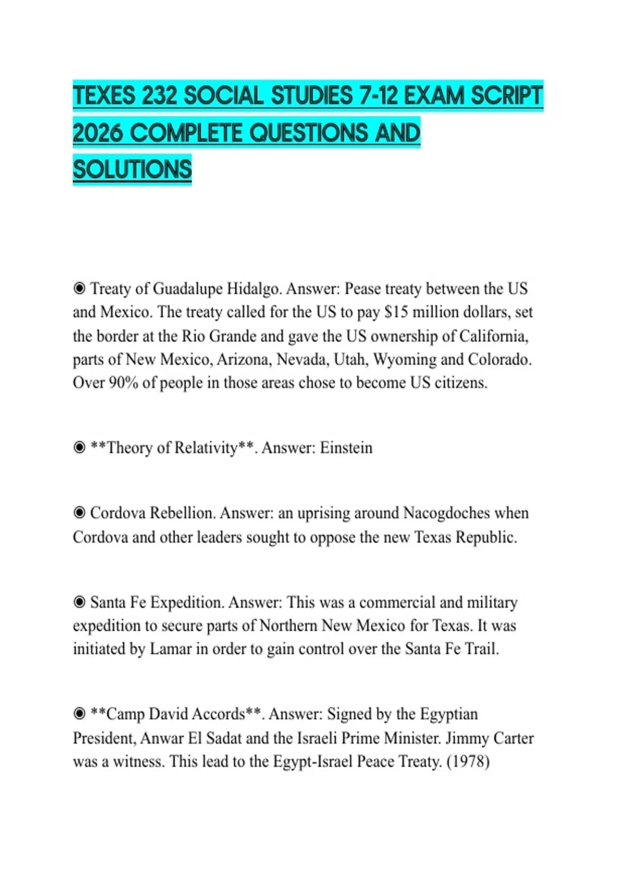 TEXES 232 SOCIAL STUDIES 7-12 EXAM SCRIPT 2026 COMPLETE QUESTIONS AND ...