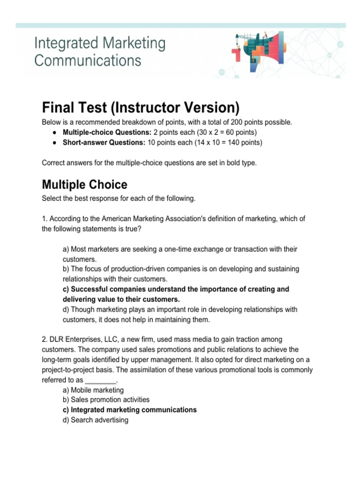 practice test bank questions, final exam : Integrated Marketing ...