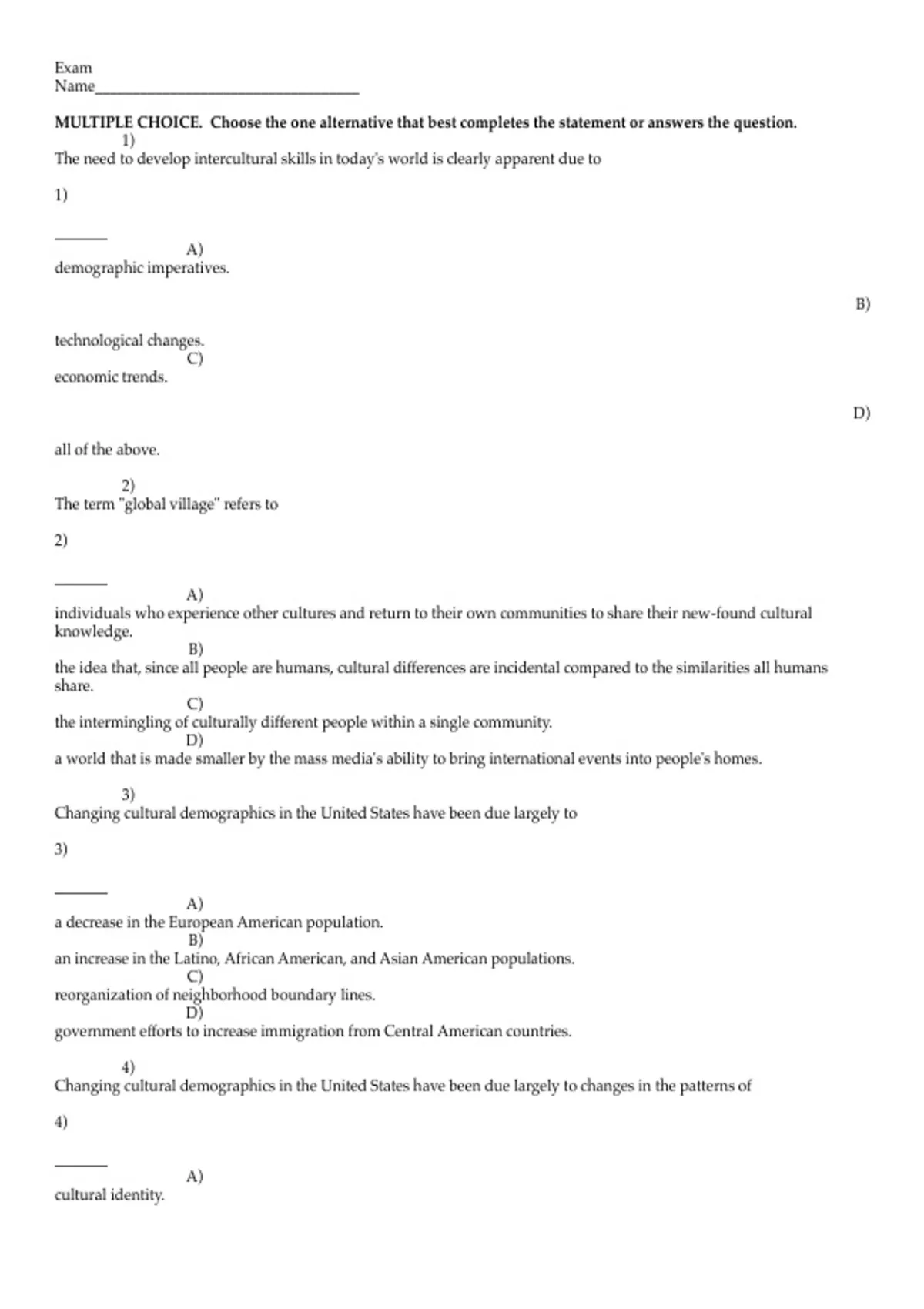 practice test bank questions, final exam : Intercultural Competence ...