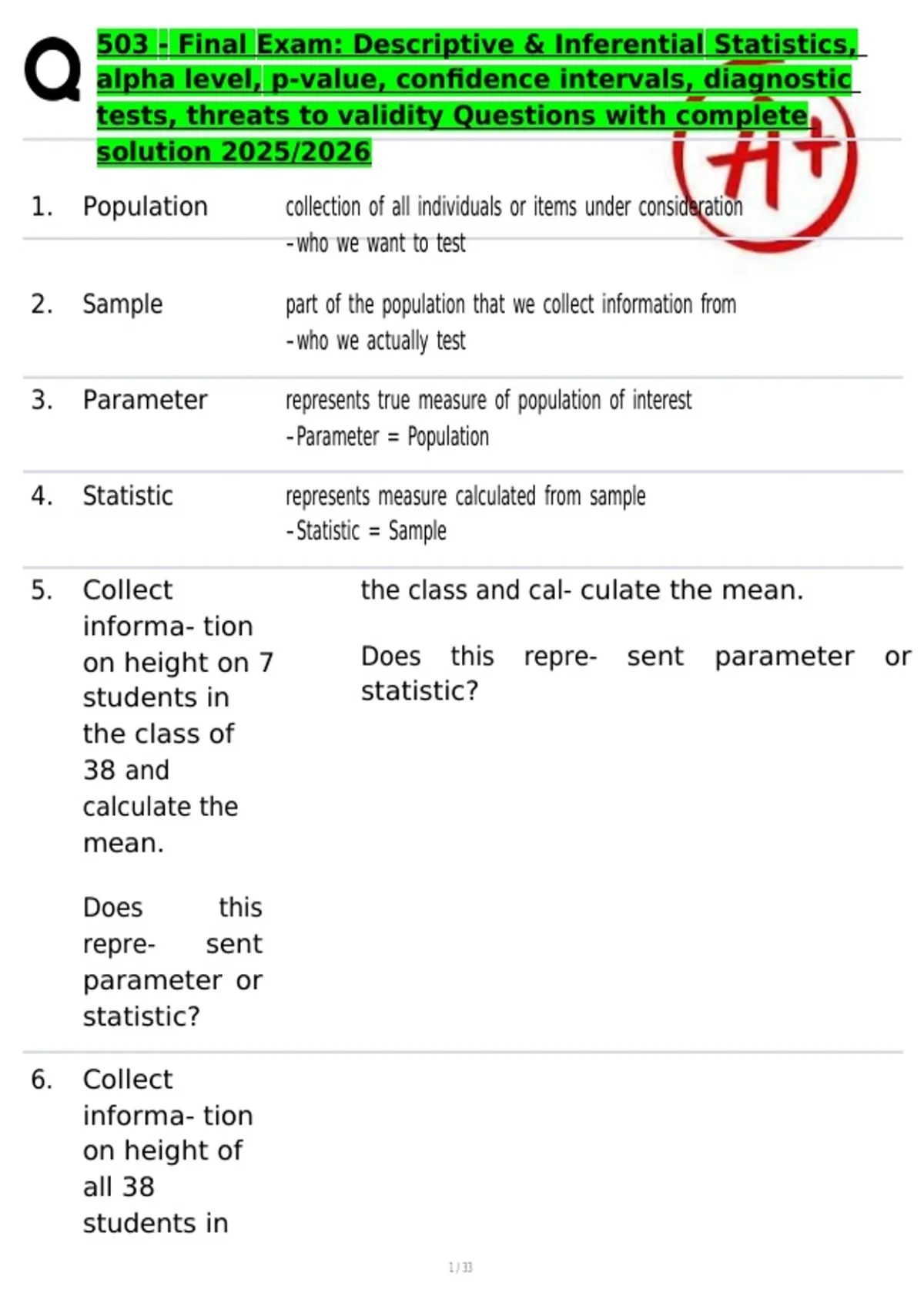 503 - Final Exam: Descriptive & Inferential Statistics, alpha level, p ...