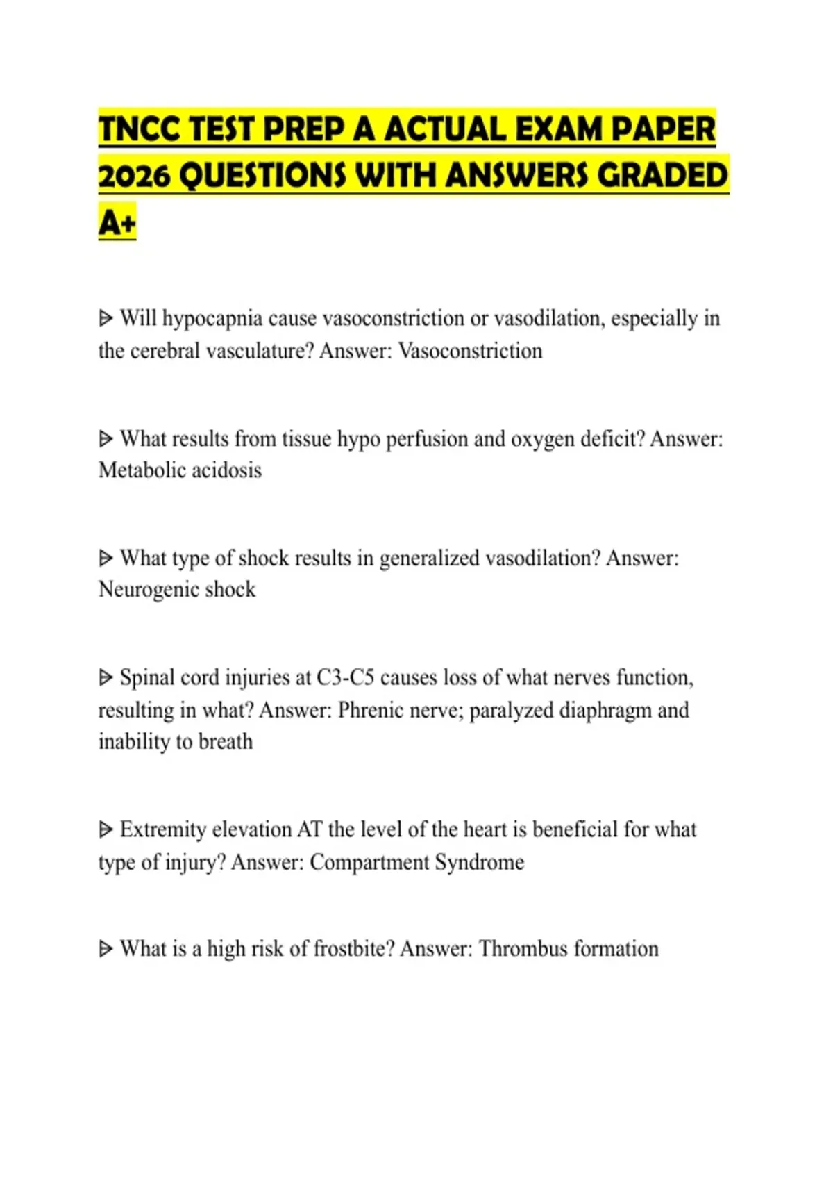 TNCC TEST PREP A ACTUAL EXAM PAPER 2026 QUESTIONS WITH ANSWERS GRADED ...