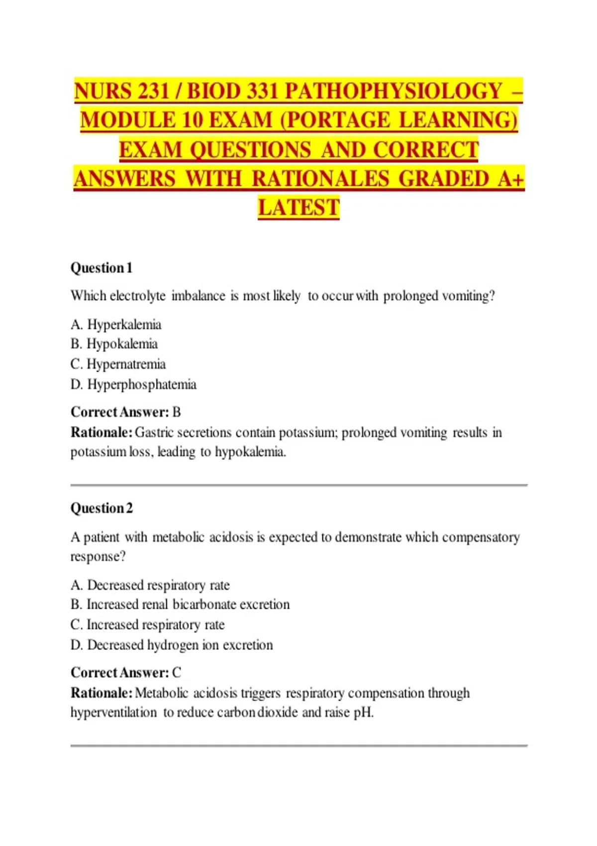 NURS 231 / BIOD 331 PATHOPHYSIOLOGY – MODULE 10 EXAM (PORTAGE LEARNING ...
