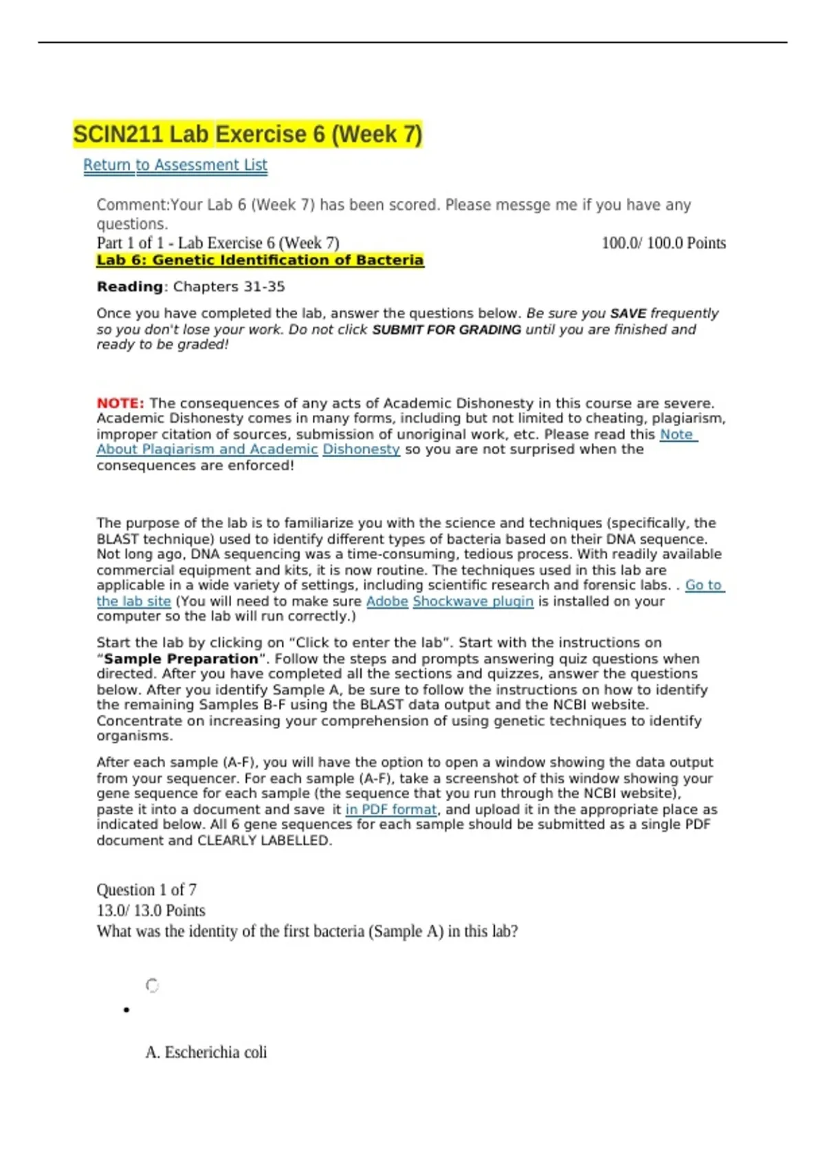 SCIN211 - Principles of Genetics with Lab | Lab Exercise Week 6 SCIN211 ...
