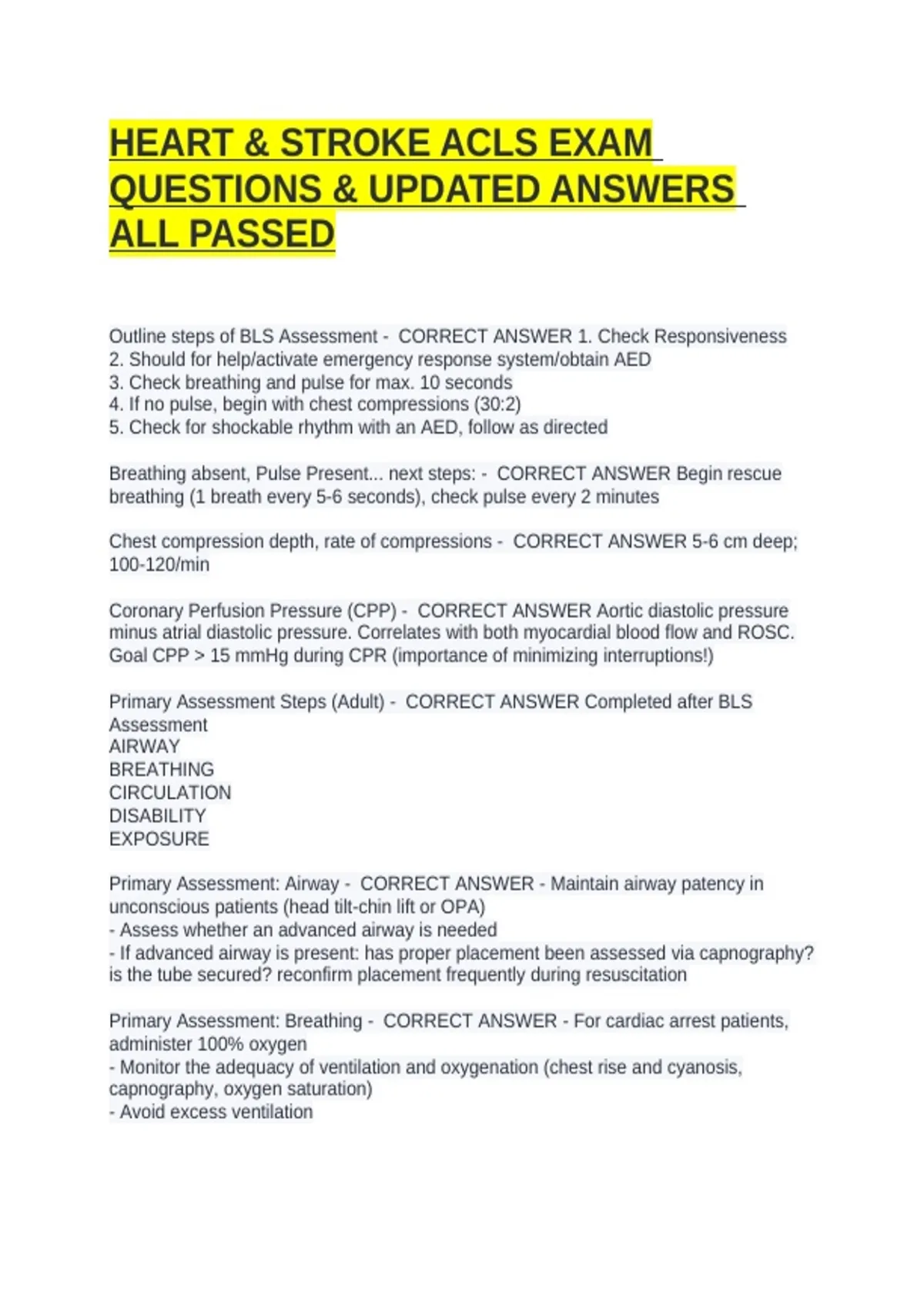 HEART & STROKE ACLS EXAM QUESTIONS & UPDATED ANSWERS ALL PASSED - Acls ...