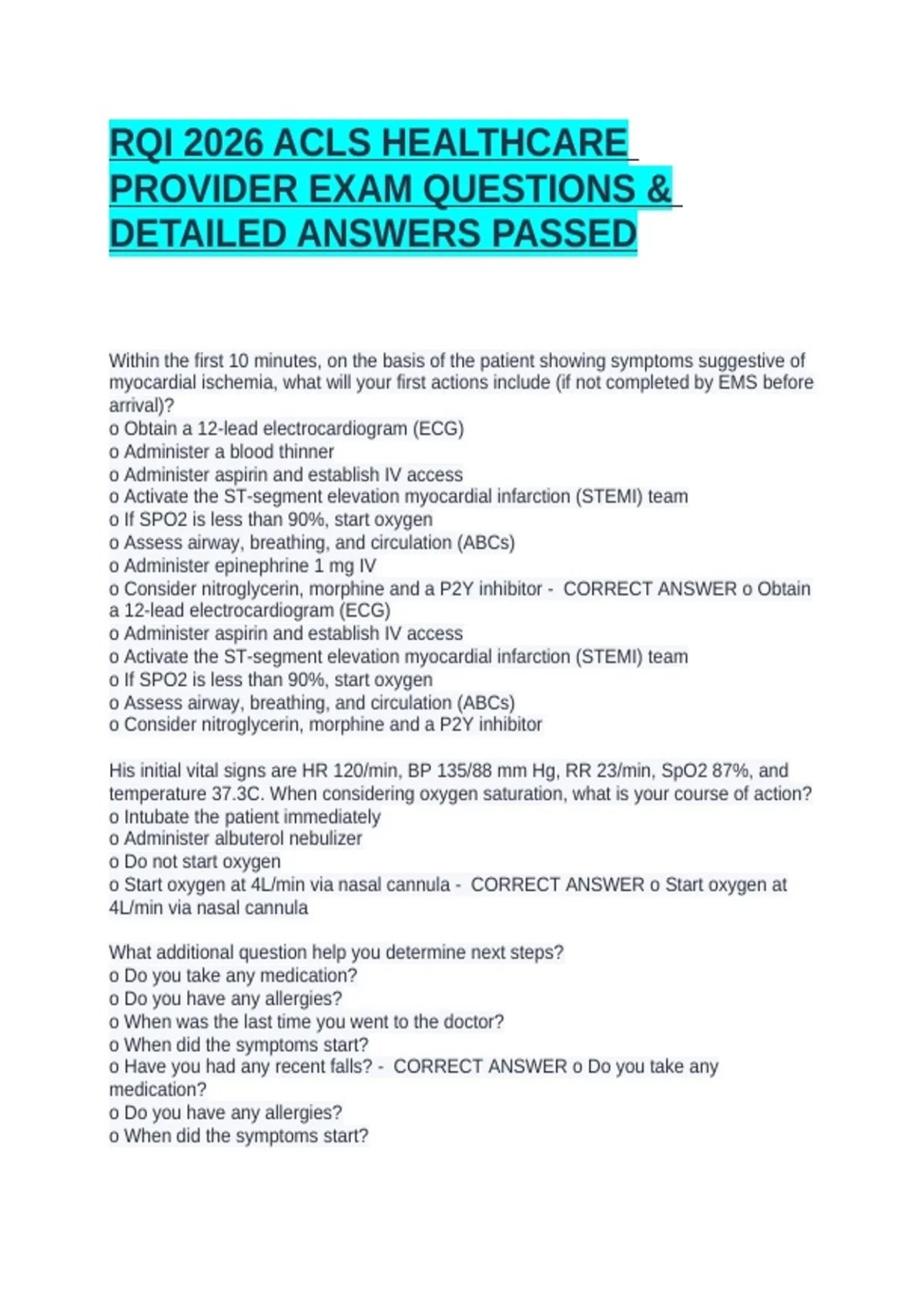 Cpr Rqi Questions RQI 2026 ACLS HEALTHCARE PROVIDER EXAM QUESTIONS & DETAILED ANSWERS ...