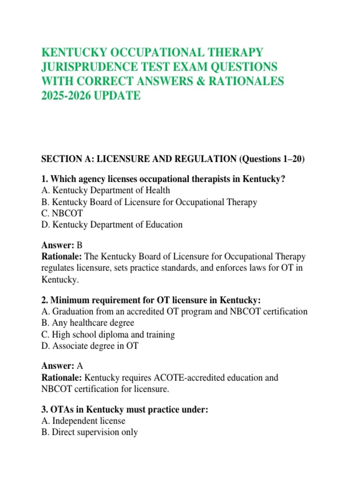 KENTUCKY OCCUPATIONAL THERAPY JURISPRUDENCE TEST EXAM QUESTIONS WITH ...