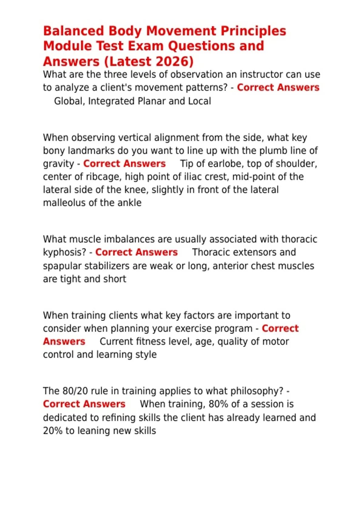 Balanced Body Movement Principles Module Test Exam Questions and ...