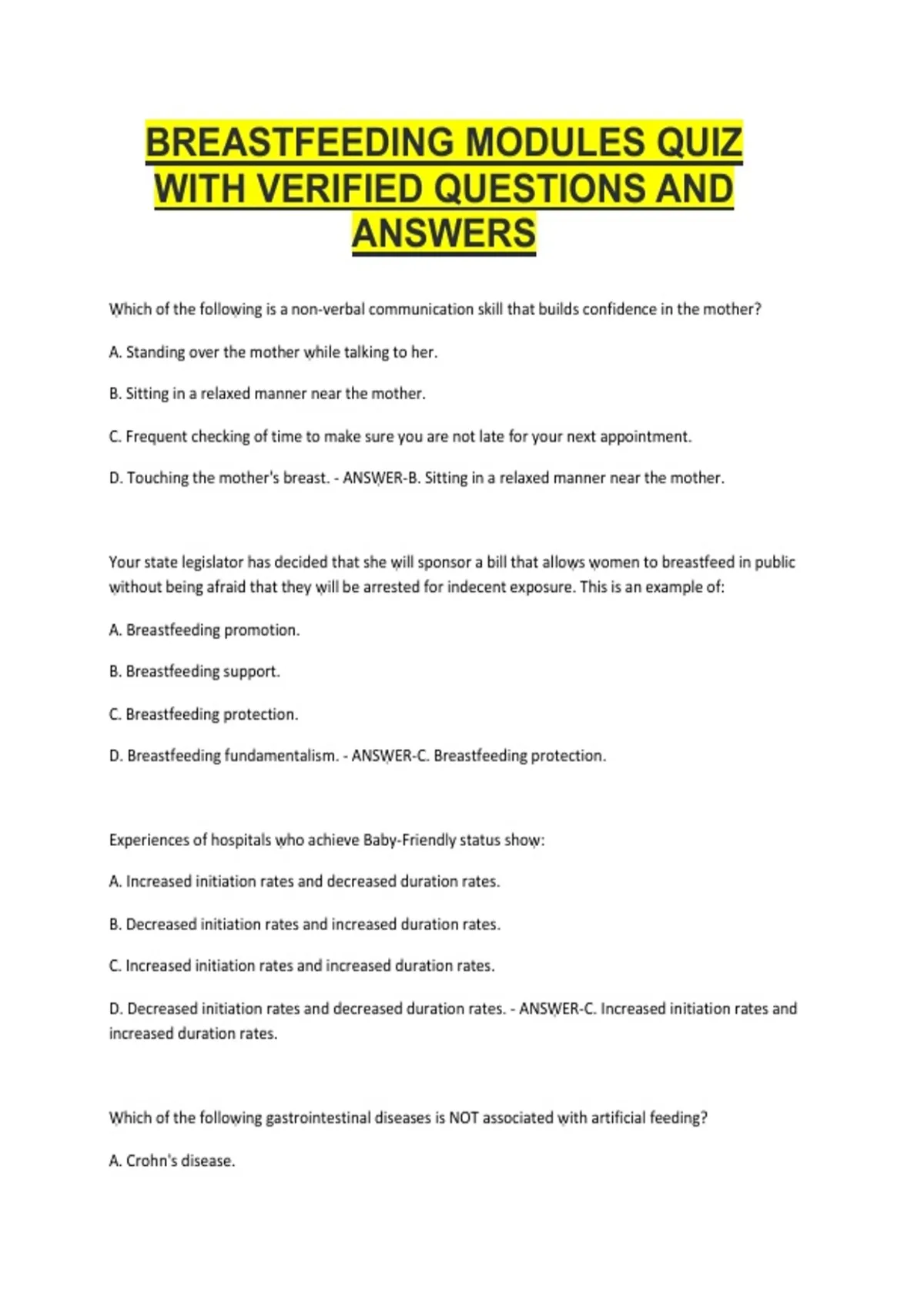 Breastfeeding Modules Quiz – Verified Questions and Answers | Nursing ...