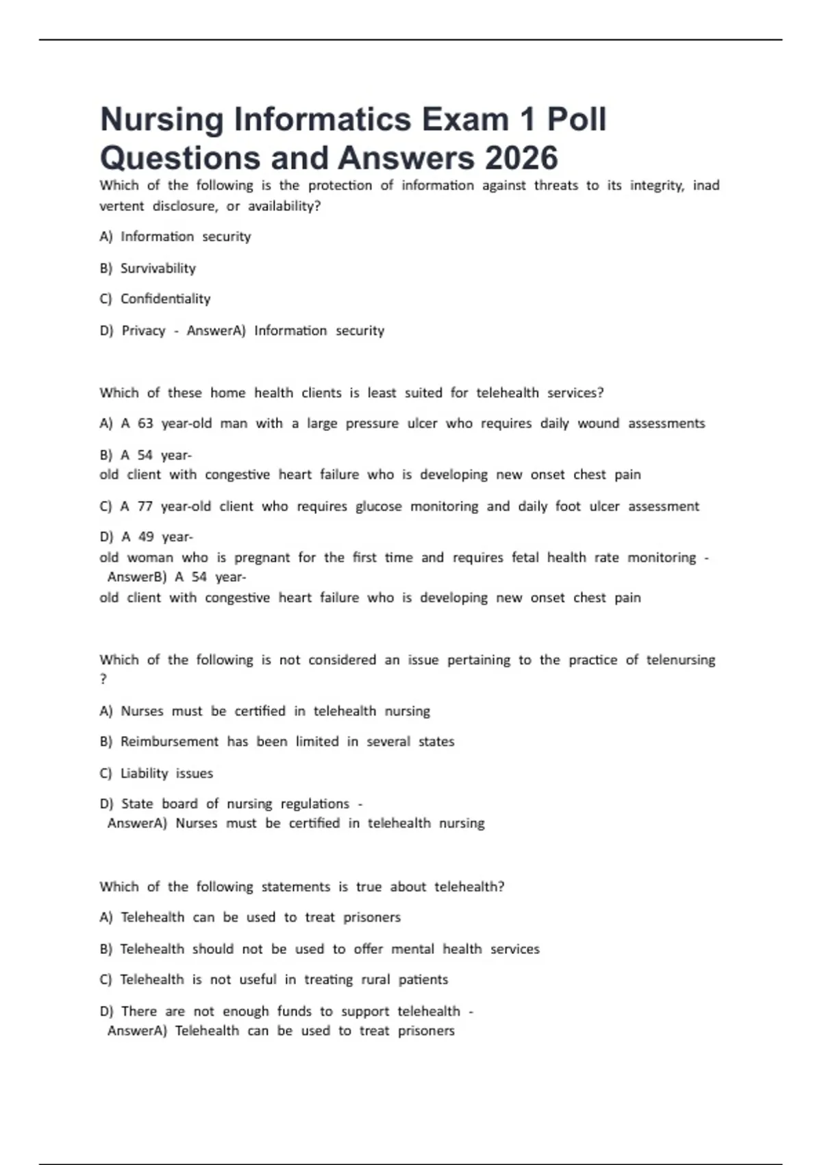 Nursing Informatics Exam 1 Poll Questions and Answers 2026 - Nursing ...