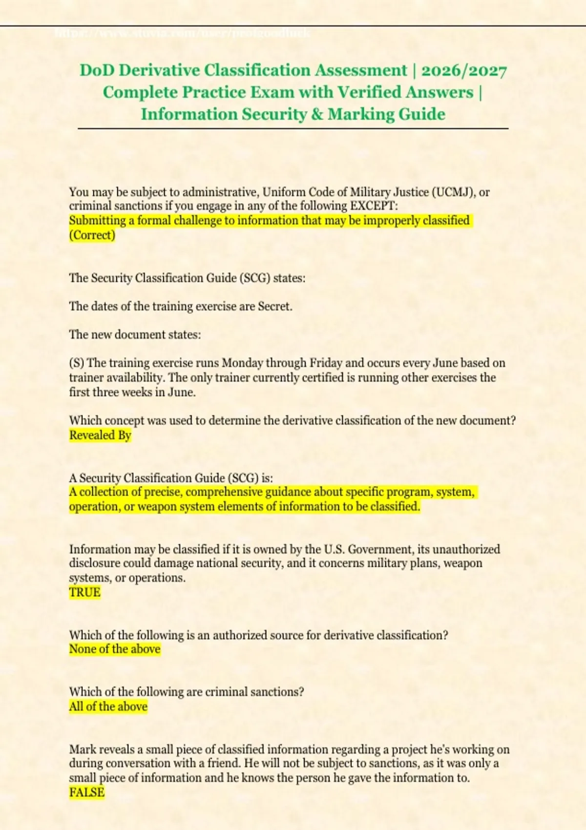 DoD Derivative Classification Assessment | 2026/2027 Complete Practice ...