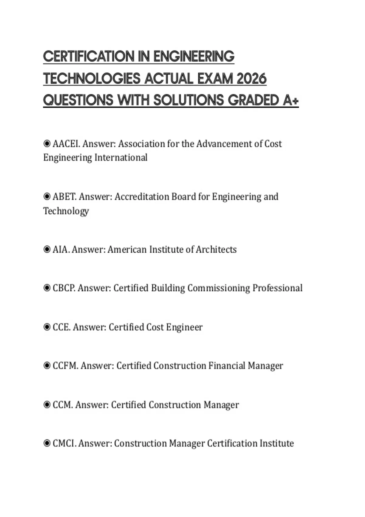 Engineer Certification Test CERTIFICATION IN ENGINEERING TECHNOLOGIES ACTUAL EXAM 2026 QUESTIONS ...