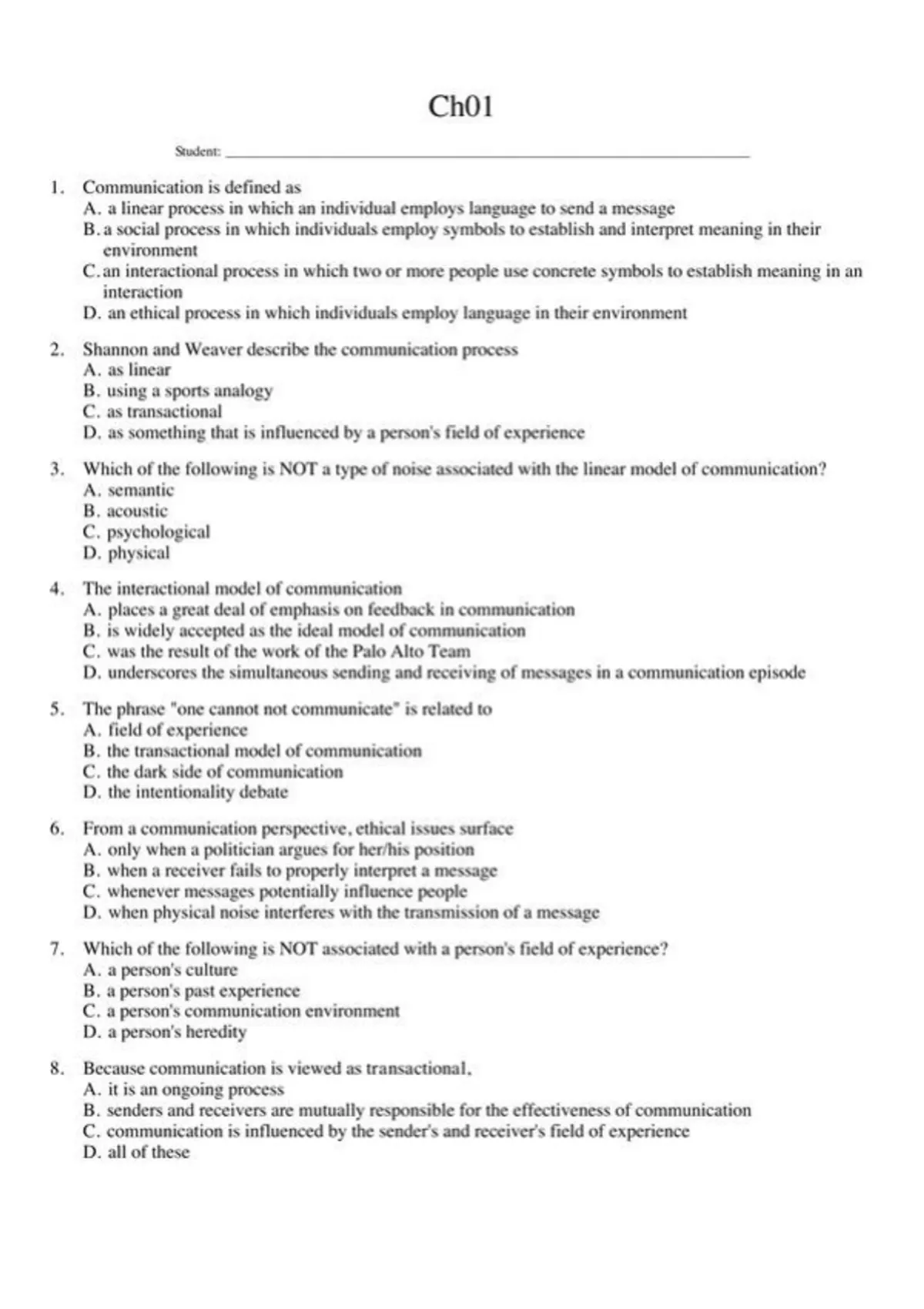 practice test bank questions, final exam : Introducing Communication ...