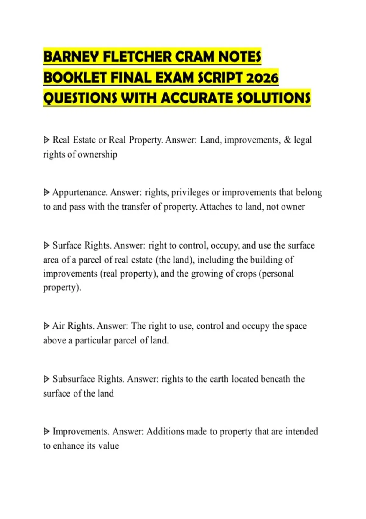 Answer Script Booklet BARNEY FLETCHER CRAM NOTES BOOKLET FINAL EXAM SCRIPT 2026 QUESTIONS ...