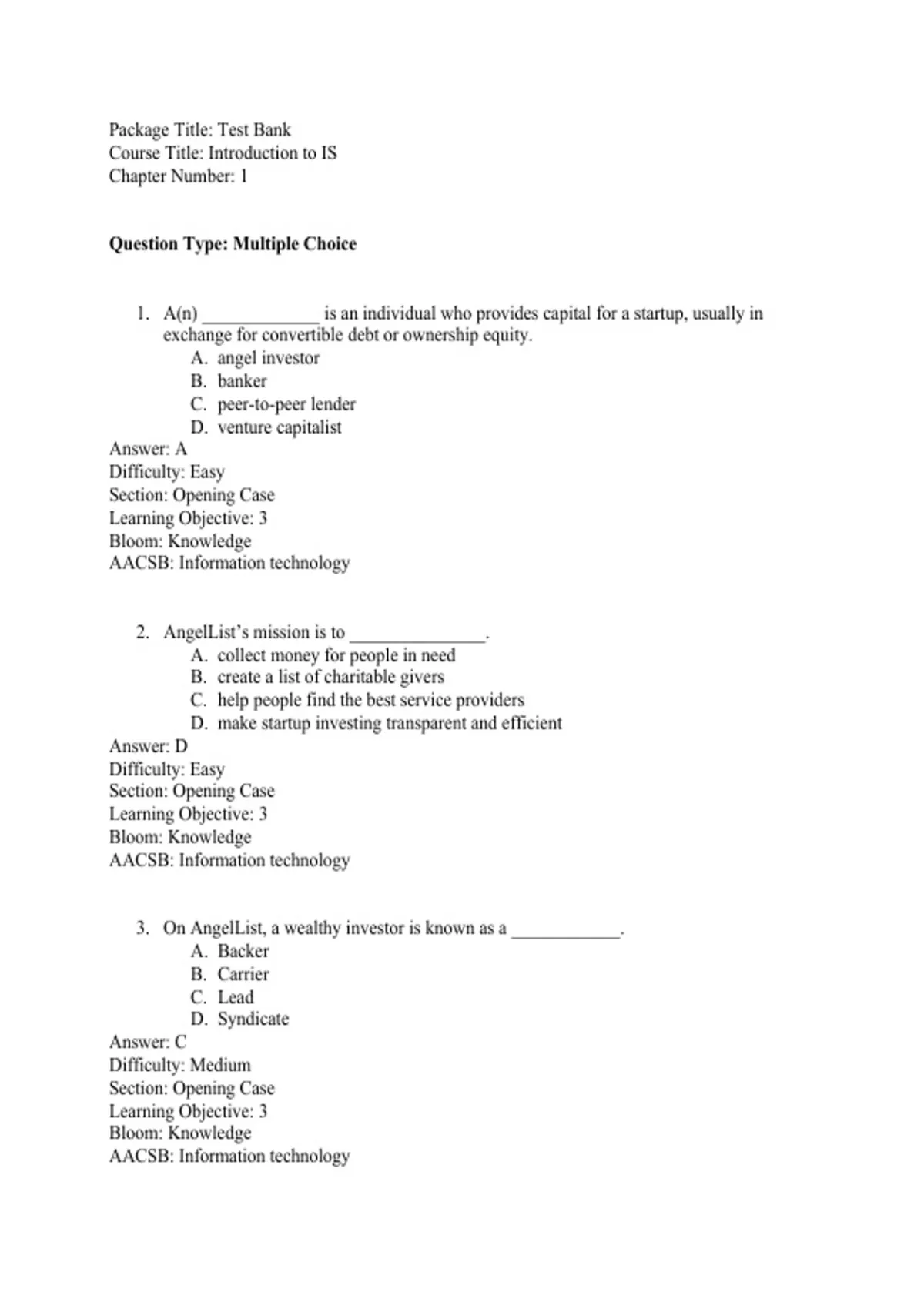 practice test bank questions, final exam : Introduction to Information ...