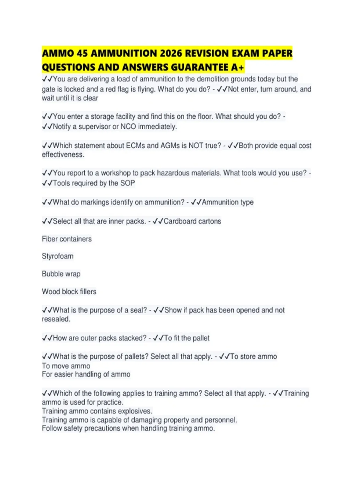 AMMO 45 AMMUNITION 2026 REVISION EXAM PAPER QUESTIONS AND ANSWERS - AMMO 45 - Stuvia US