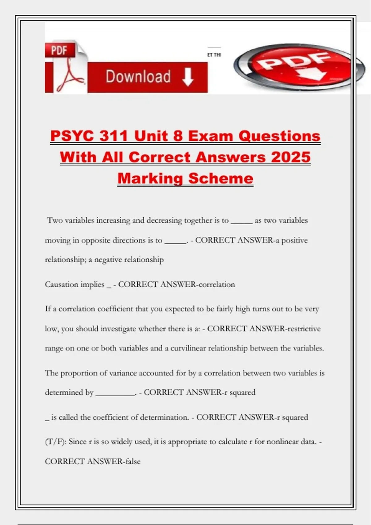 PSYC 311 Unit 8 Exam Questions With All Correct Answers 2025 Marking ...